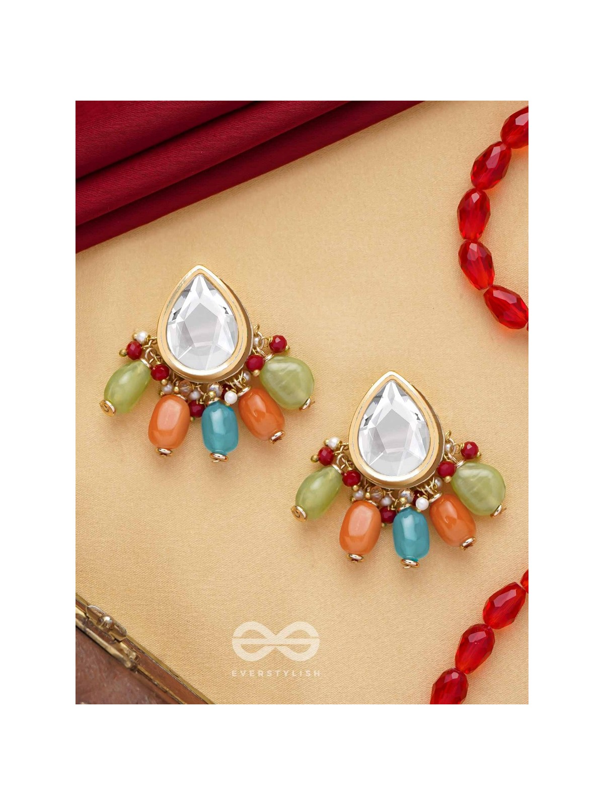 Ravih - The Sun Loving - Golden Embellished Polki And Kundan Finished Earrings (Multicolor)