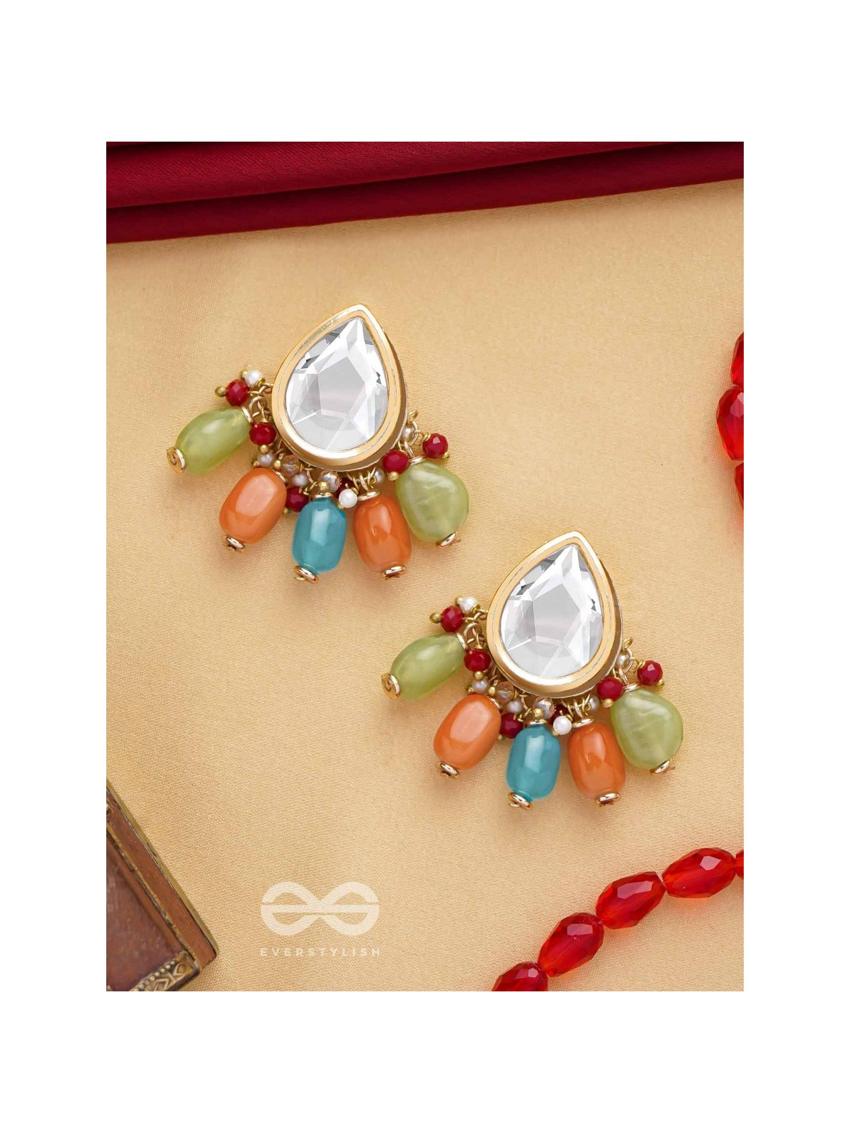 Ravih - The Sun Loving - Golden Embellished Polki And Kundan Finished Earrings (Multicolor)