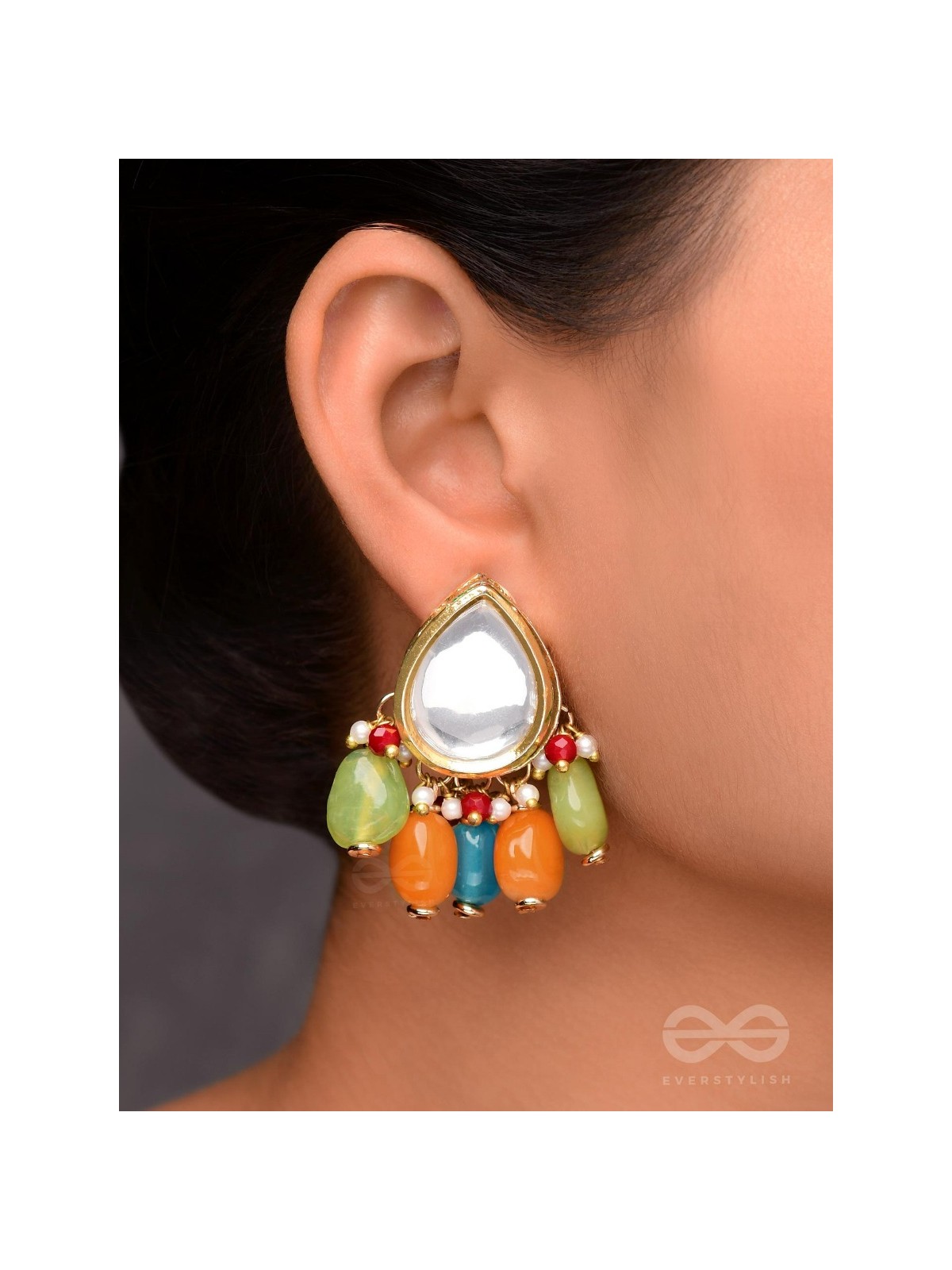 Ravih - The Sun Loving - Golden Embellished Polki And Kundan Finished Earrings (Multicolor)