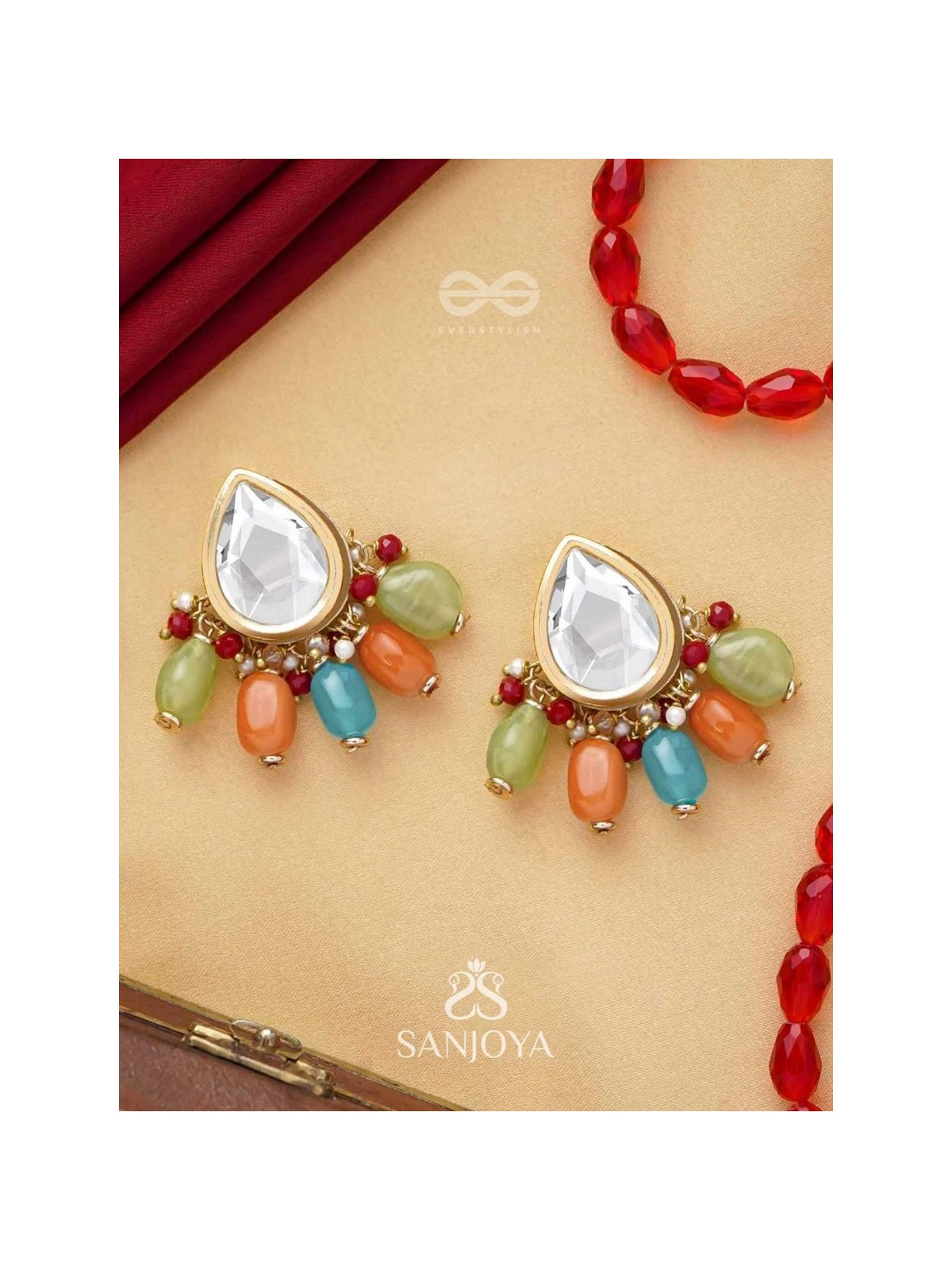 Ravih - The Sun Loving - Golden Embellished Polki And Kundan Finished Earrings (Multicolor)