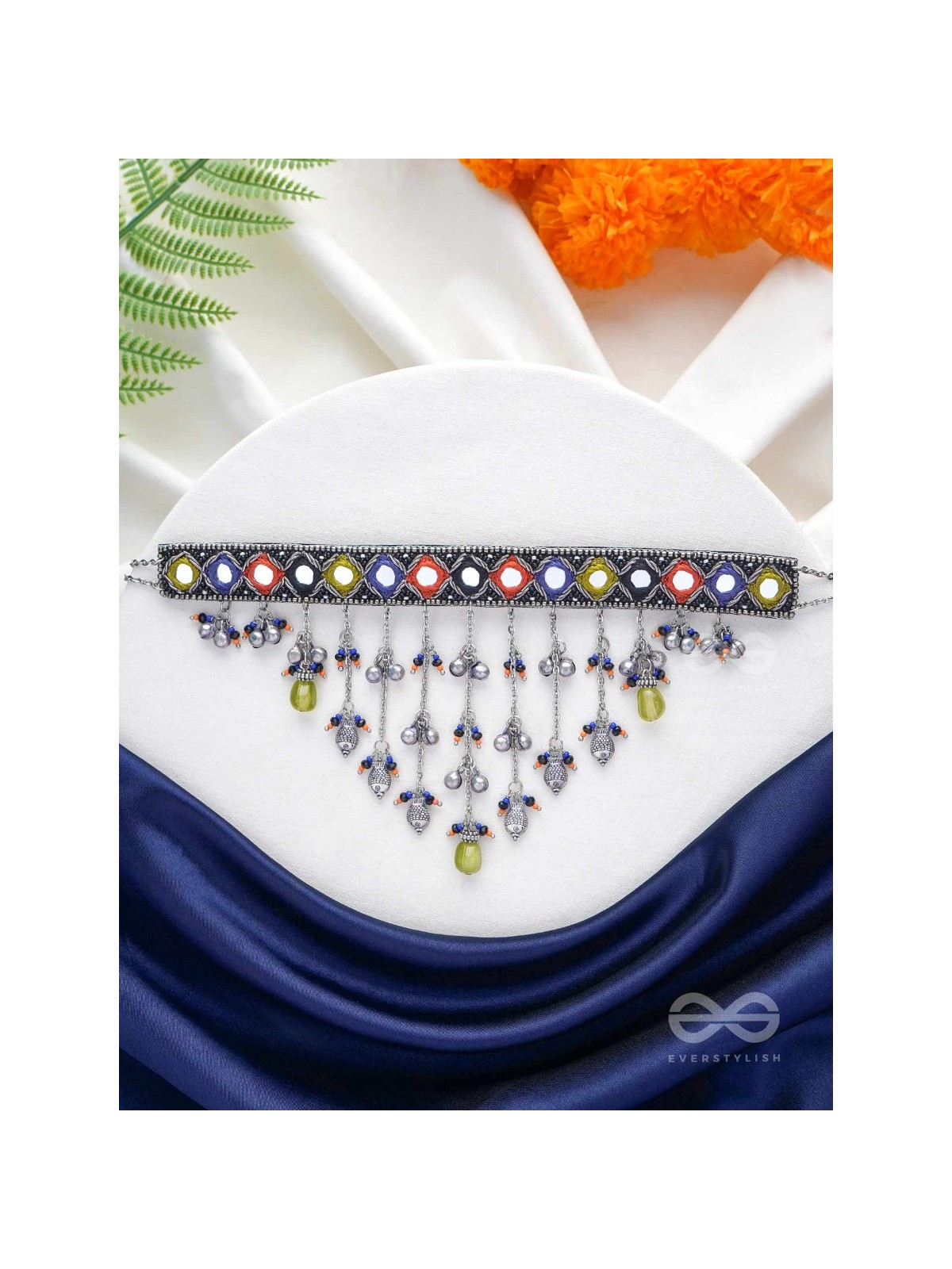 NEELHARINI - FOREST BLOOM - Mirror, Beads And Fish Charms Hand Embroidered Oxidised Neckpiece