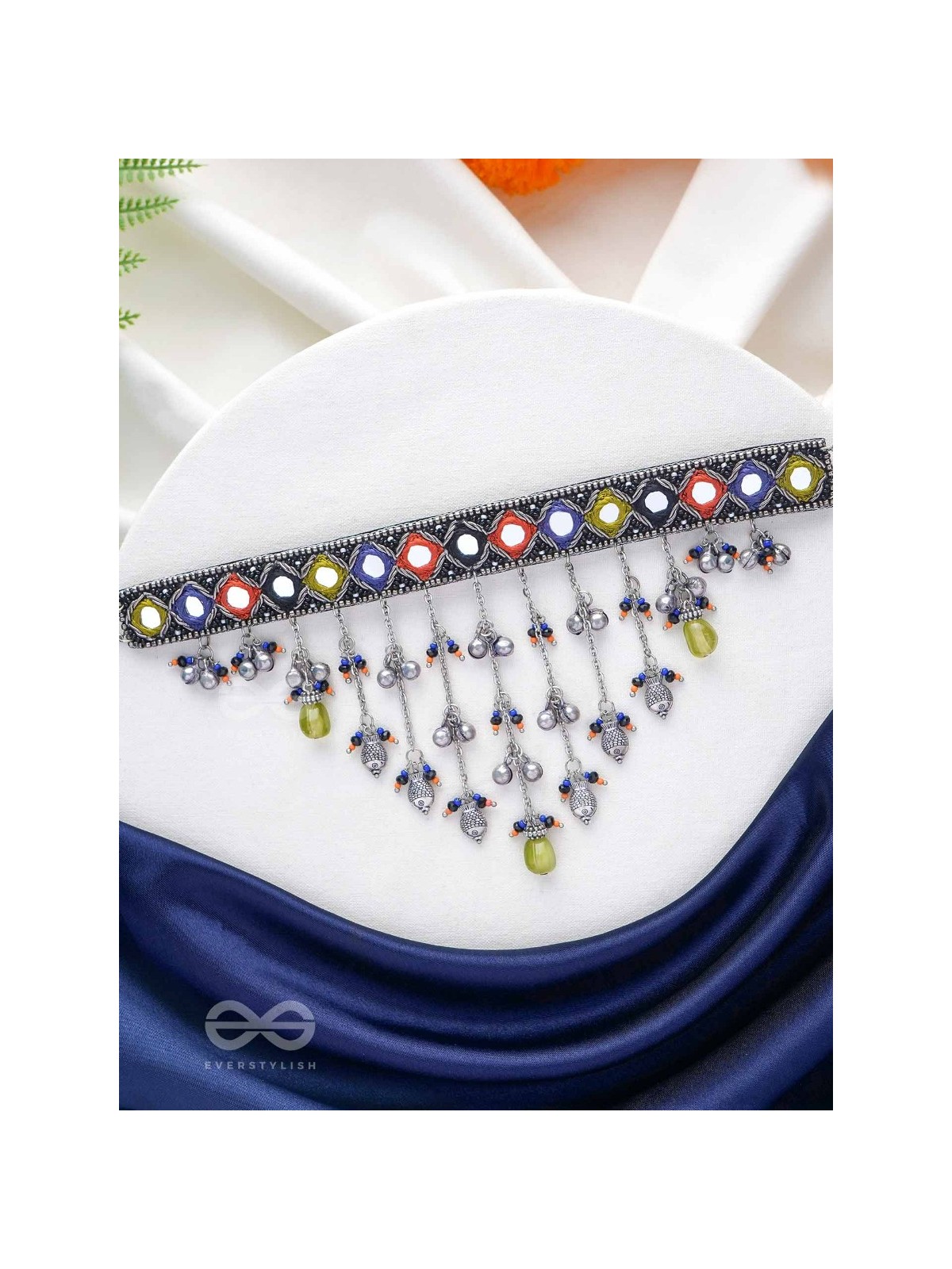 NEELHARINI - FOREST BLOOM - Mirror, Beads And Fish Charms Hand Embroidered Oxidised Neckpiece