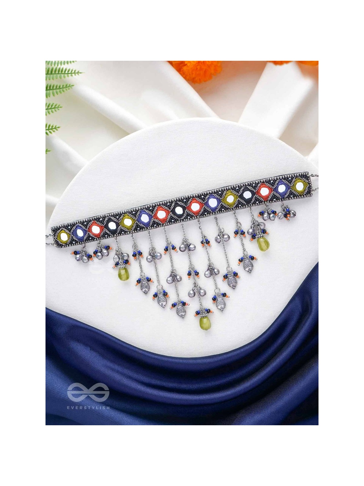 NEELHARINI - FOREST BLOOM - Mirror, Beads And Fish Charms Hand Embroidered Oxidised Neckpiece