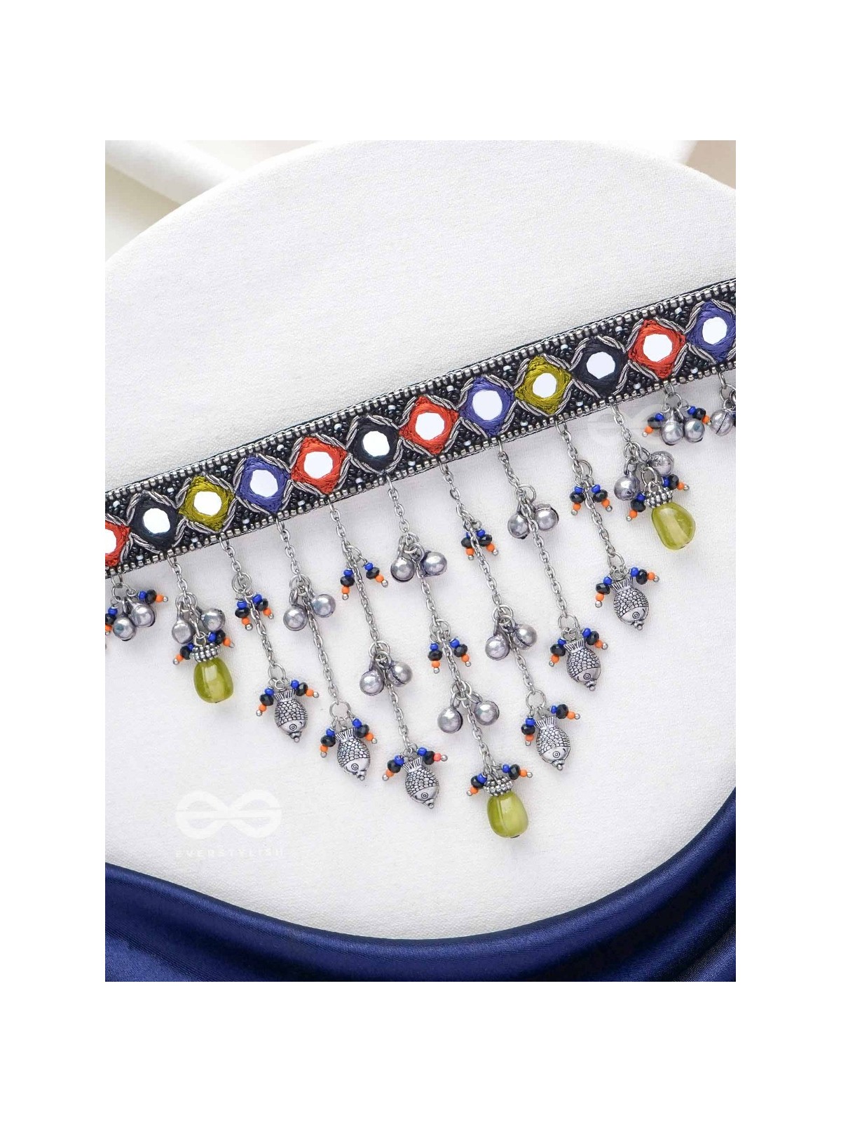 NEELHARINI - FOREST BLOOM - Mirror, Beads And Fish Charms Hand Embroidered Oxidised Neckpiece