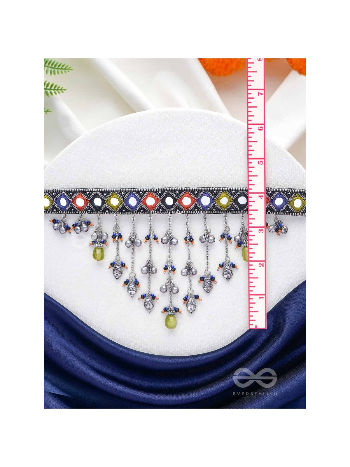 NEELHARINI - FOREST BLOOM - Mirror, Beads And Fish Charms Hand Embroidered Oxidised Neckpiece