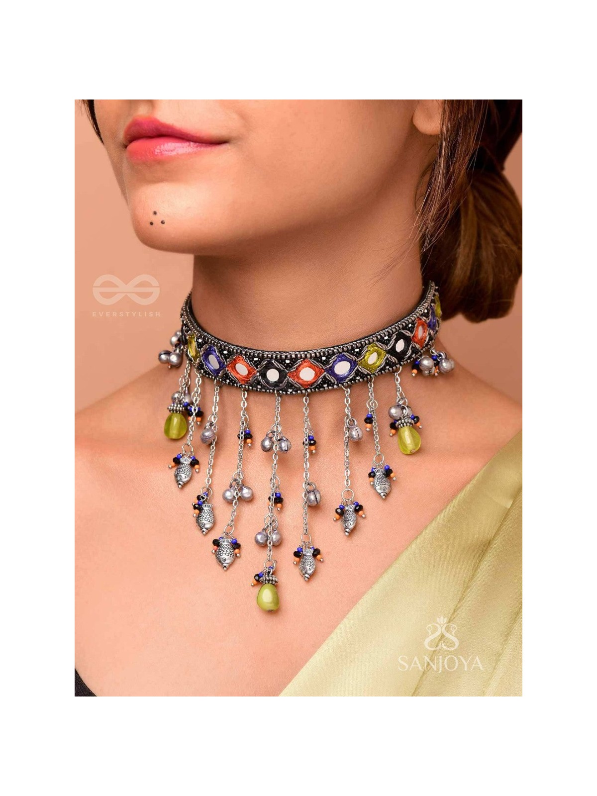 NEELHARINI - FOREST BLOOM - Mirror, Beads And Fish Charms Hand Embroidered Oxidised Neckpiece