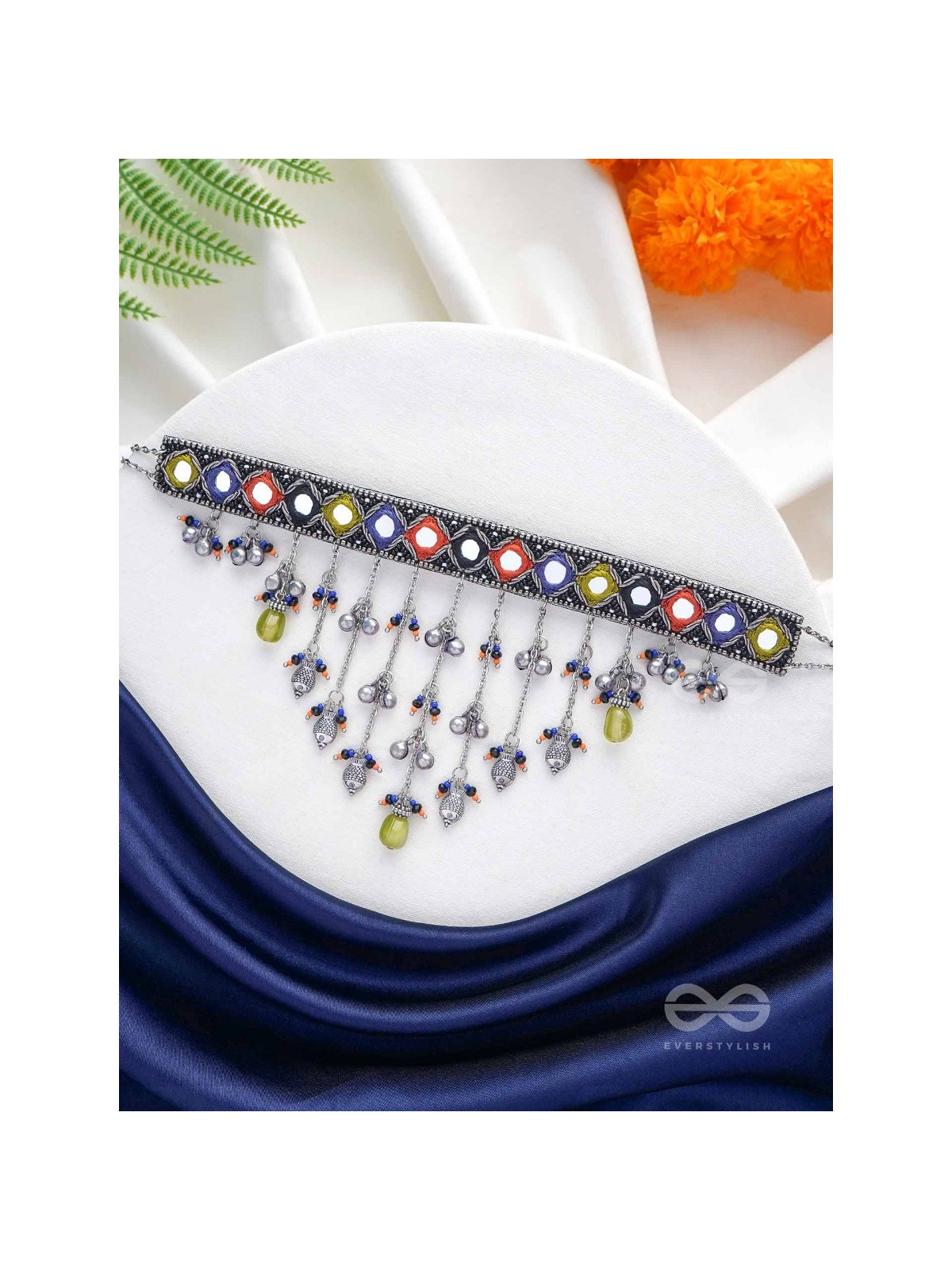 NEELHARINI - FOREST BLOOM - Mirror, Beads And Fish Charms Hand Embroidered Oxidised Neckpiece