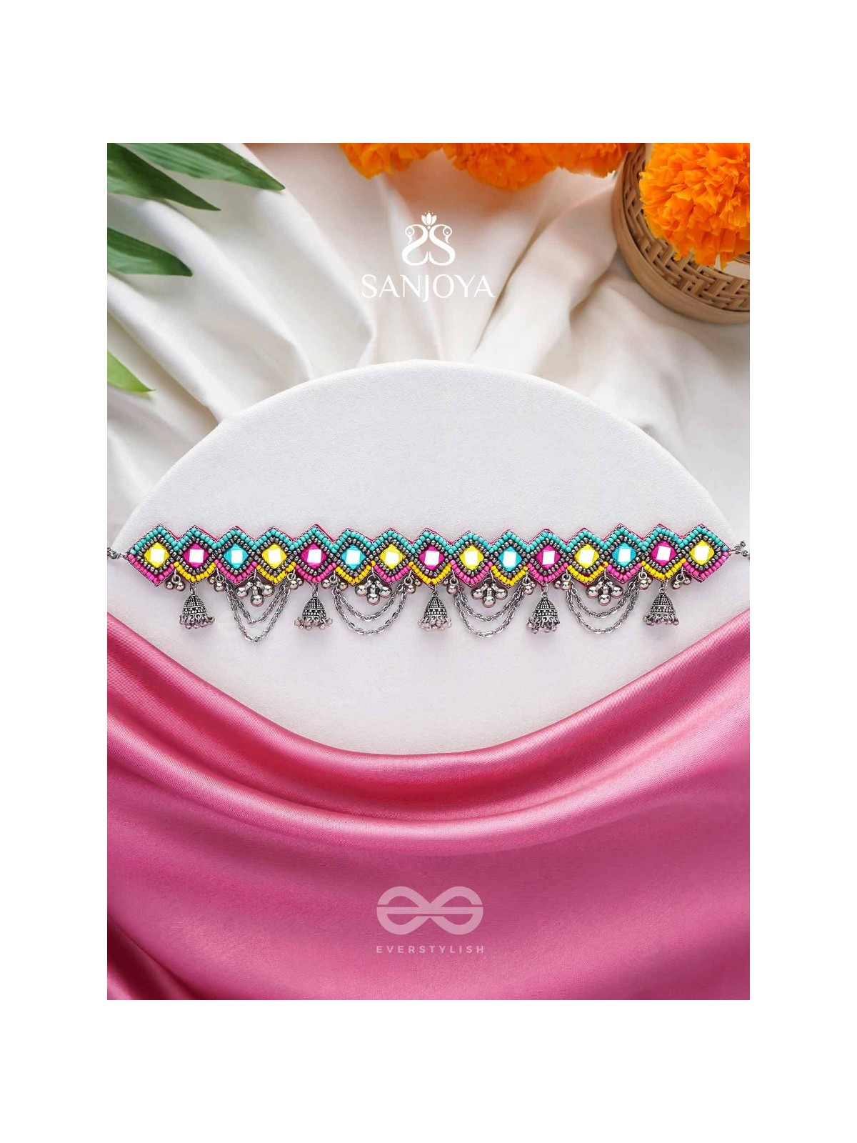 UPARJITAA - RAINBOW RADIANCE - BEADS AND MIRROR EMBROIDERED AND OXIDISED NECKPIECE