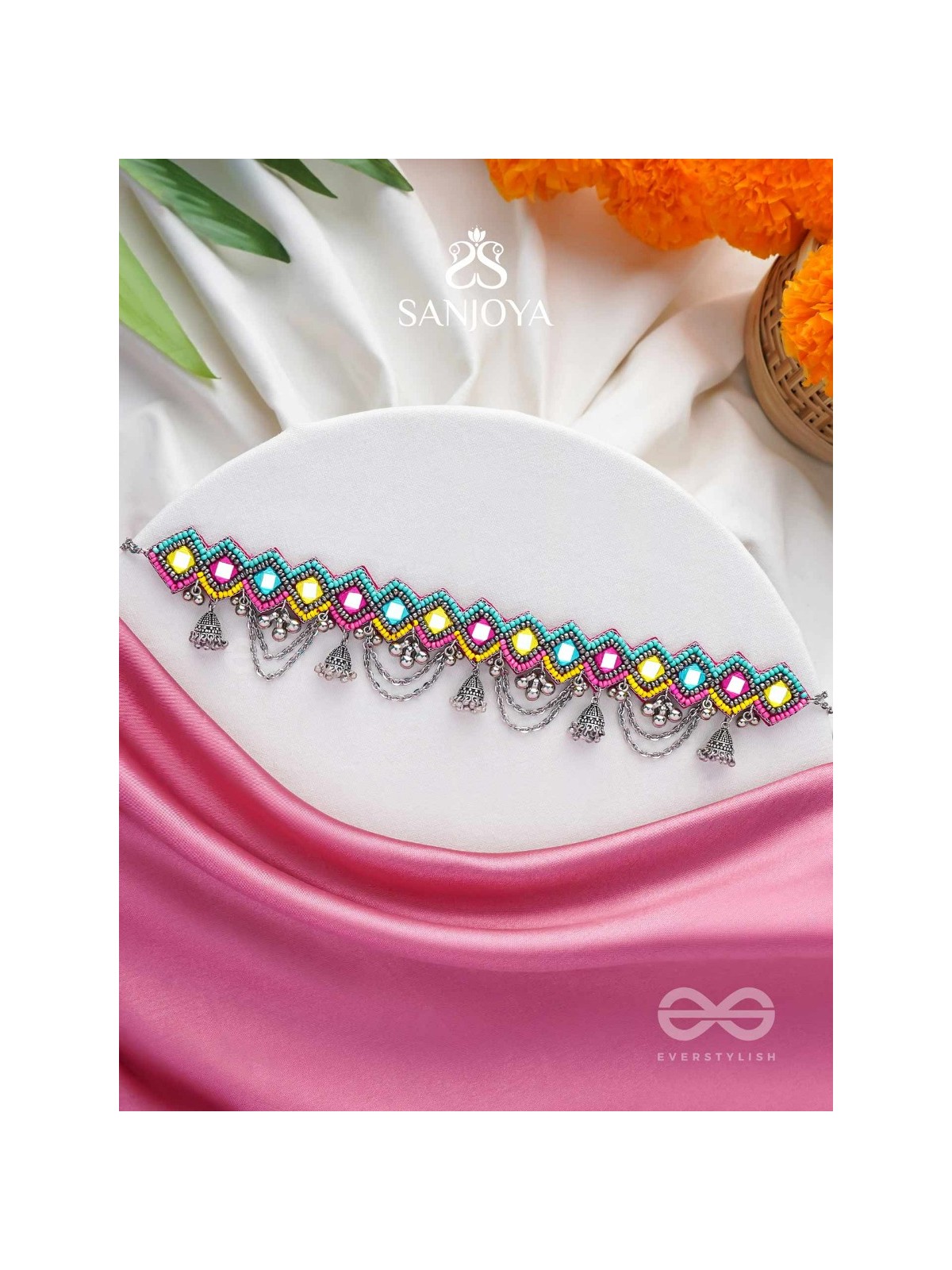 UPARJITAA - RAINBOW RADIANCE - BEADS AND MIRROR EMBROIDERED AND OXIDISED NECKPIECE