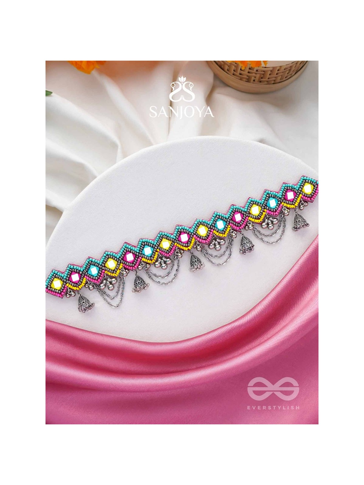 UPARJITAA - RAINBOW RADIANCE - BEADS AND MIRROR EMBROIDERED AND OXIDISED NECKPIECE