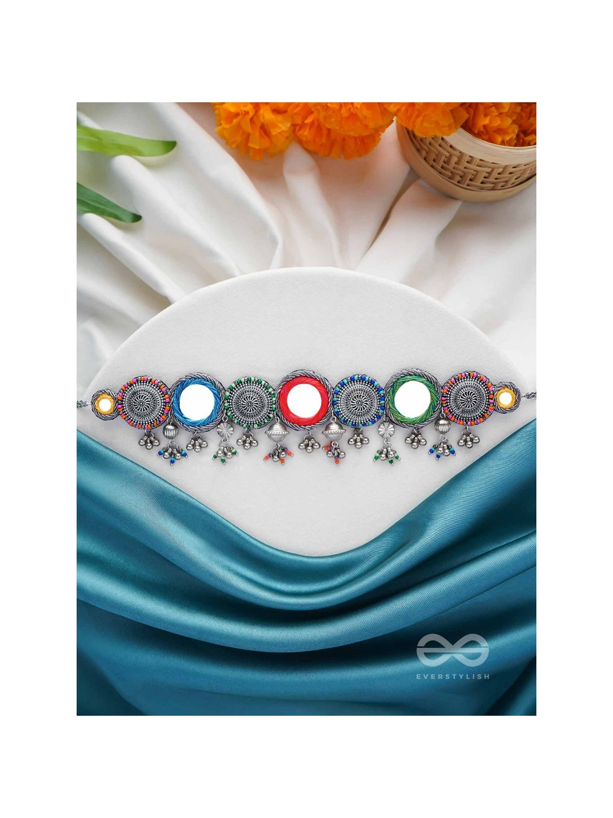 RANGAVYUHA - COLORBURST CASCADE - BEADS, MIRROR AND RESHAM EMBROIDERED AND OXIDISED NECKLACE