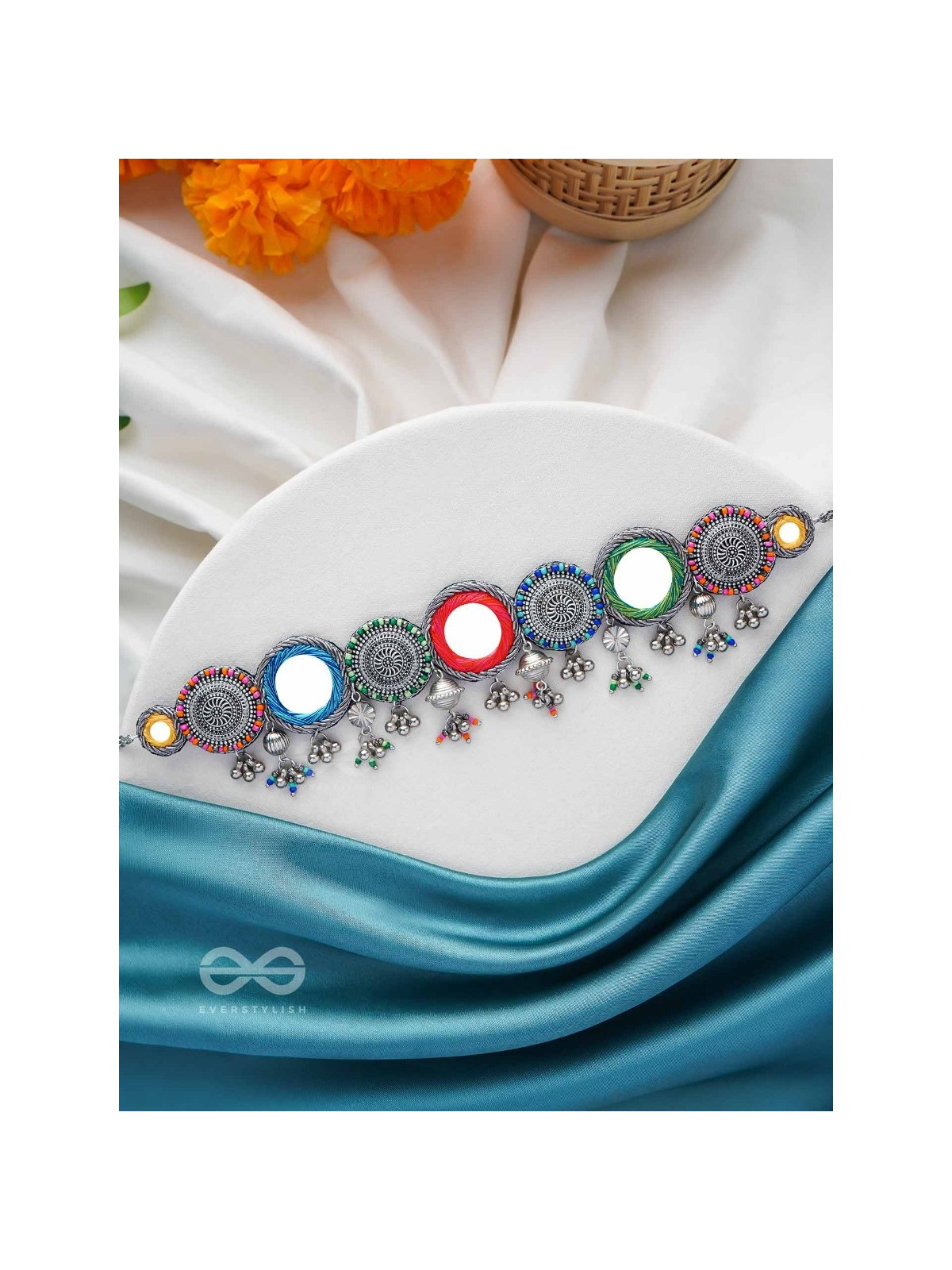 RANGAVYUHA - COLORBURST CASCADE - BEADS, MIRROR AND RESHAM EMBROIDERED AND OXIDISED NECKLACE