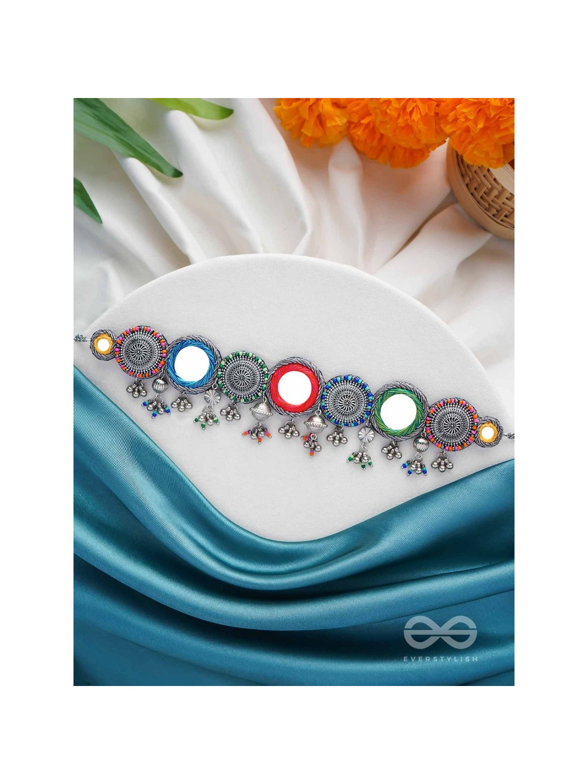 RANGAVYUHA - COLORBURST CASCADE - BEADS, MIRROR AND RESHAM EMBROIDERED AND OXIDISED NECKLACE