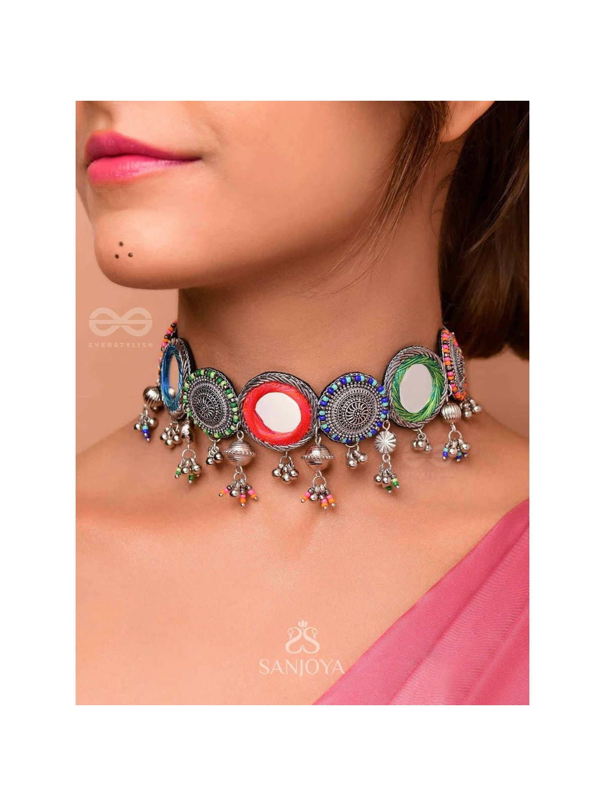 RANGAVYUHA - COLORBURST CASCADE - BEADS, MIRROR AND RESHAM EMBROIDERED AND OXIDISED NECKLACE