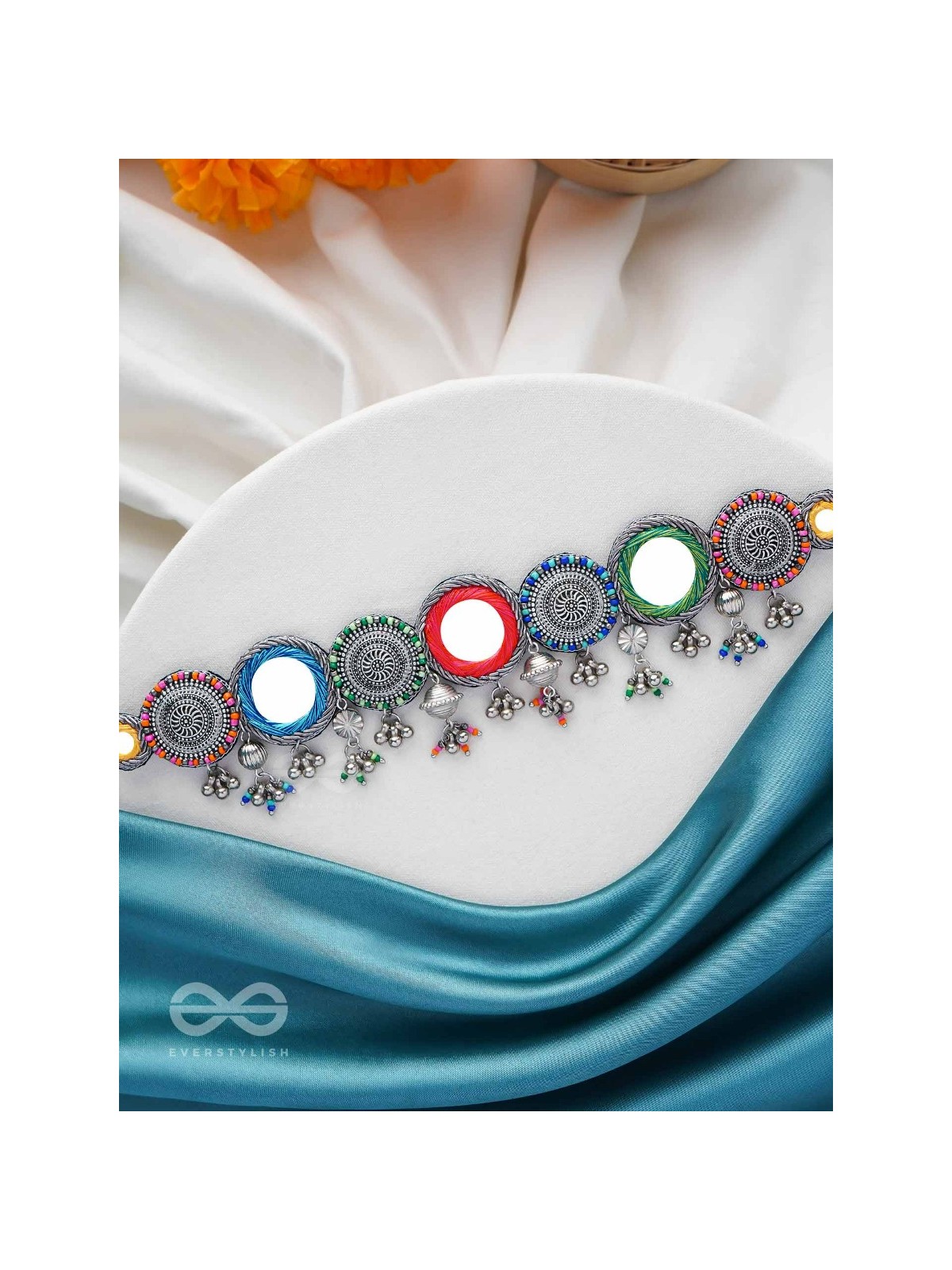 RANGAVYUHA - COLORBURST CASCADE - BEADS, MIRROR AND RESHAM EMBROIDERED AND OXIDISED NECKLACE
