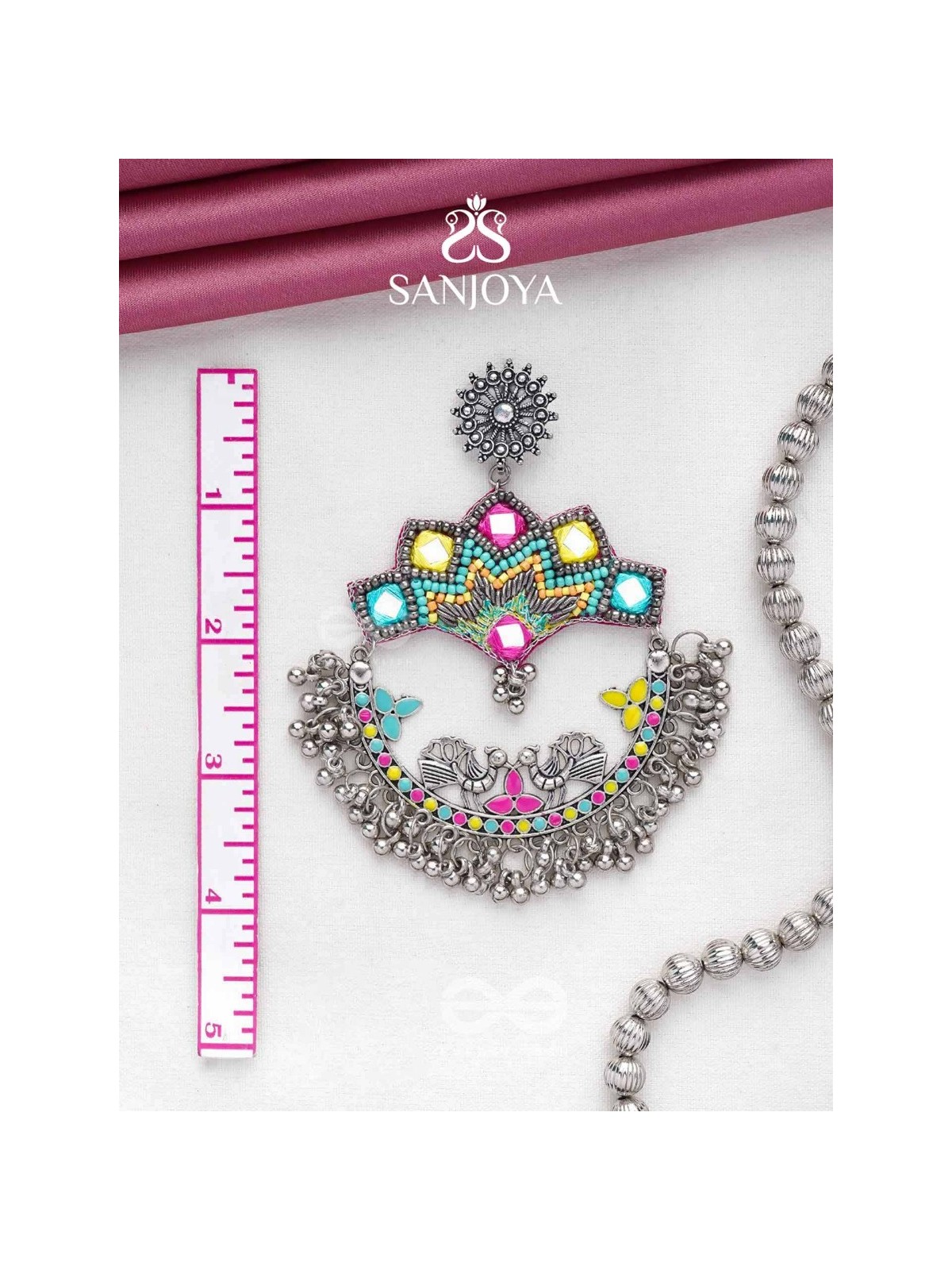 Shrichinmaya - The Eternal Beauty - Mirrors, Beads And Resham Hand Embroidered Oxidised Earrings