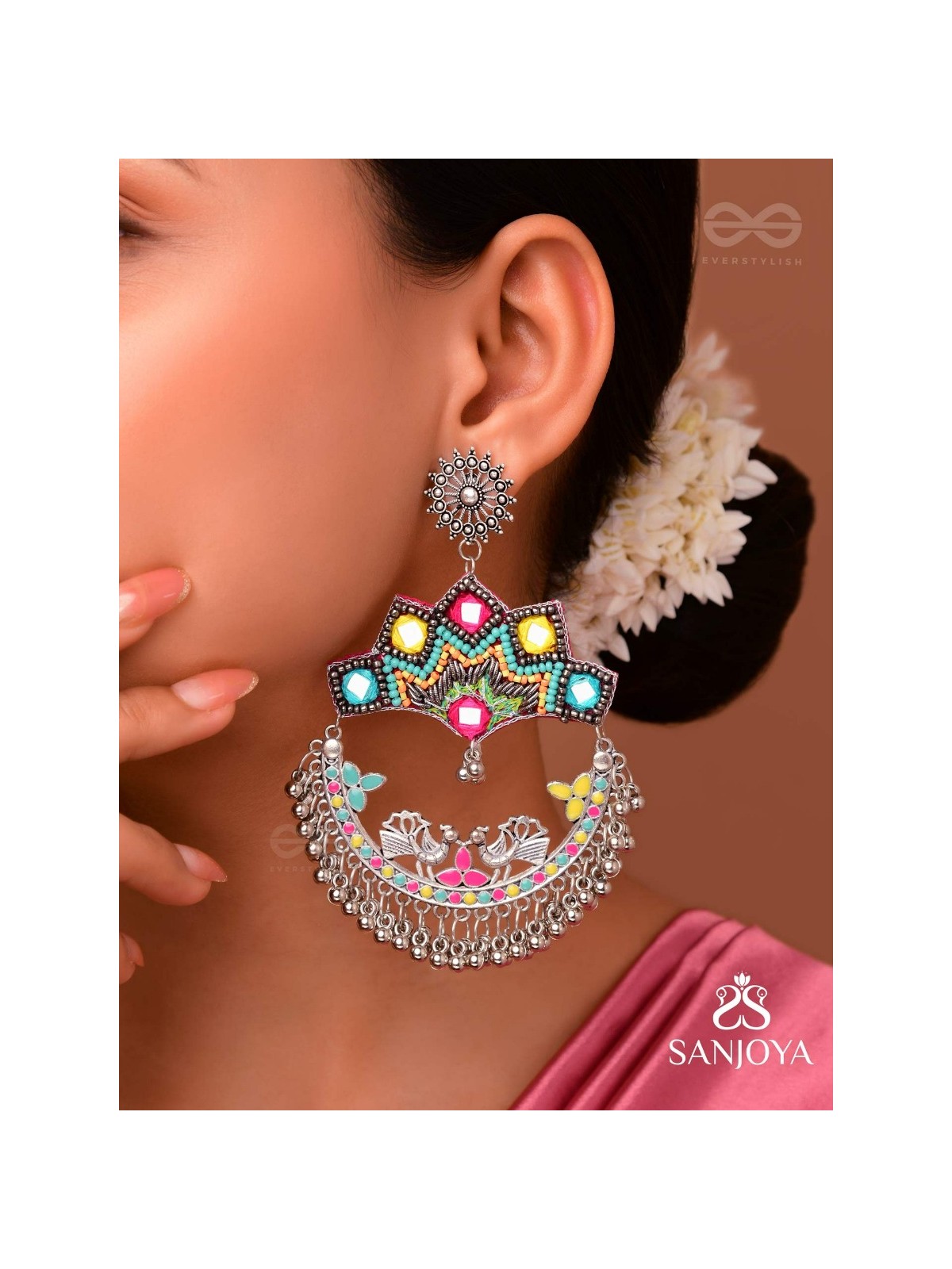 Shrichinmaya - The Eternal Beauty - Mirrors, Beads And Resham Hand Embroidered Oxidised Earrings