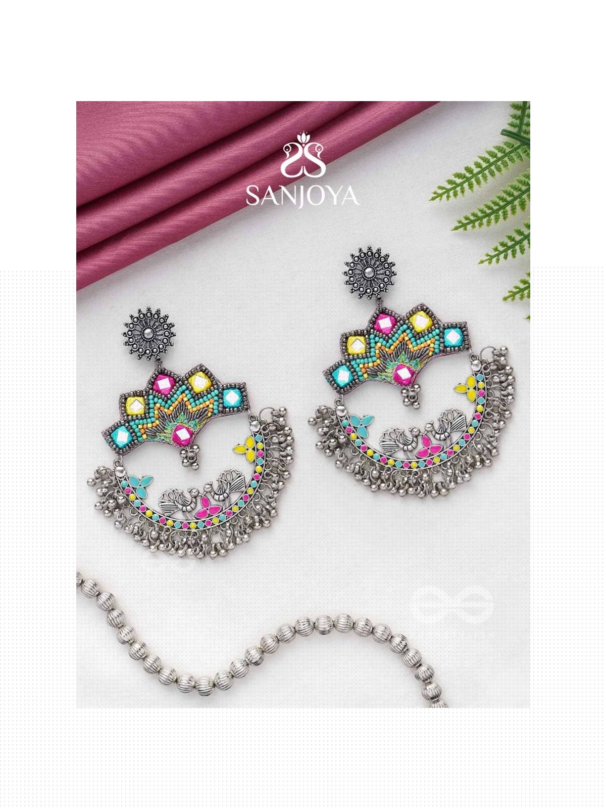 Shrichinmaya - The Eternal Beauty - Mirrors, Beads And Resham Hand Embroidered Oxidised Earrings