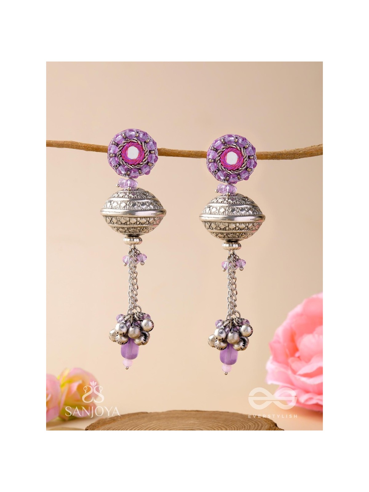 Ritudhwani - Seasonal Melodies - Resham And Beads Hand Embroidered Oxidised Earrings