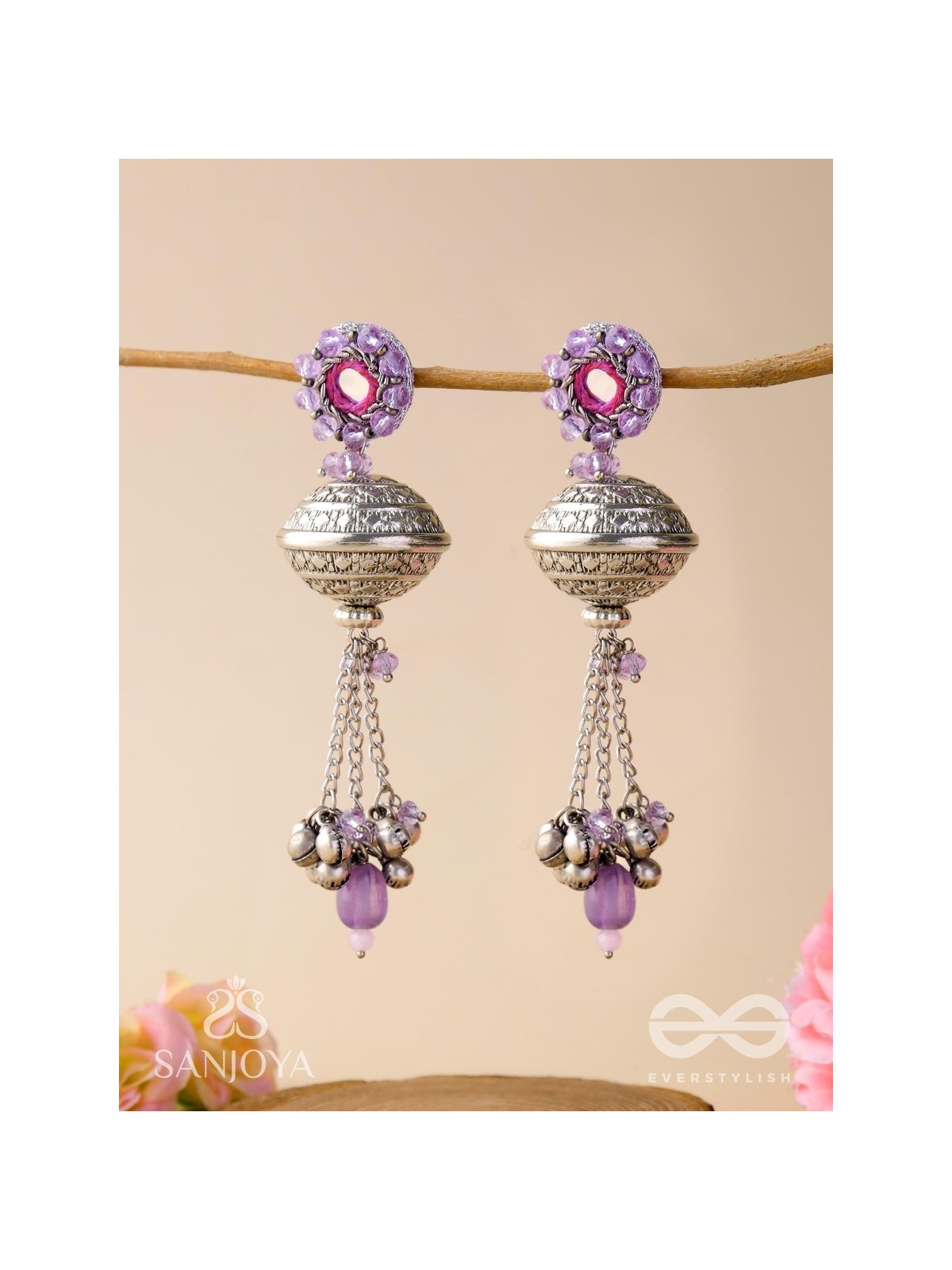 Ritudhwani - Seasonal Melodies - Resham And Beads Hand Embroidered Oxidised Earrings