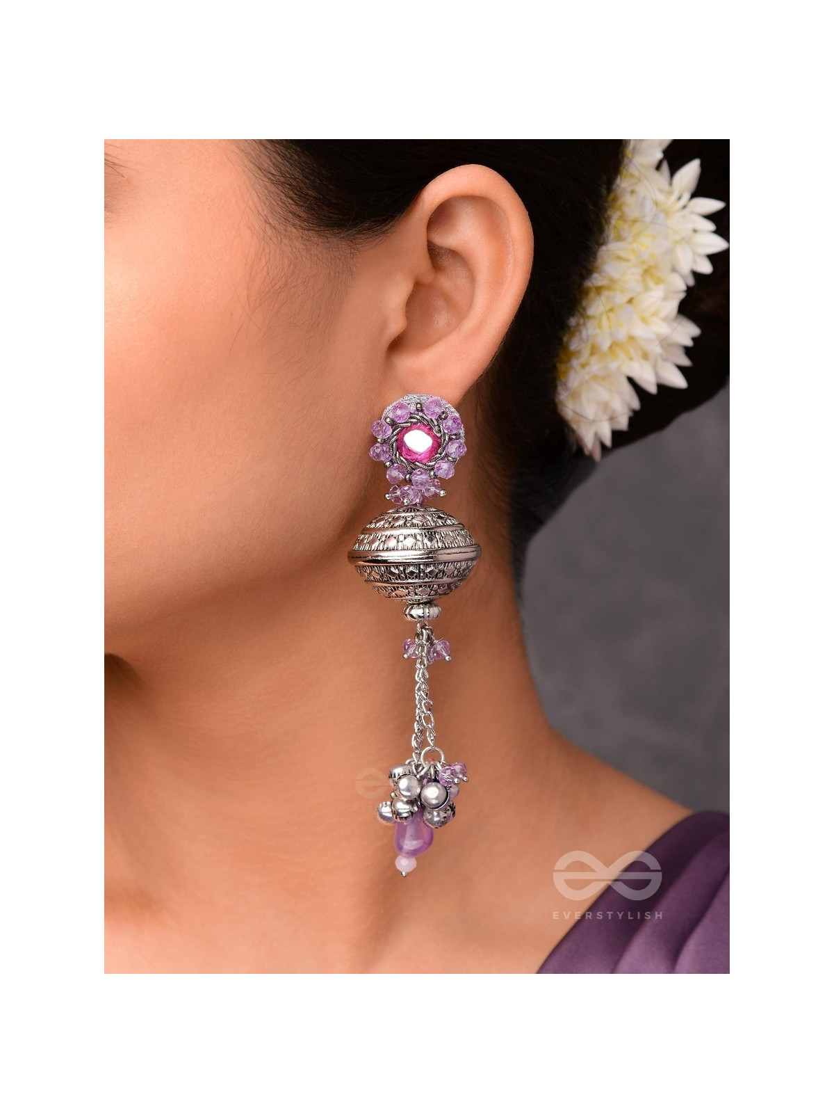 Ritudhwani - Seasonal Melodies - Resham And Beads Hand Embroidered Oxidised Earrings