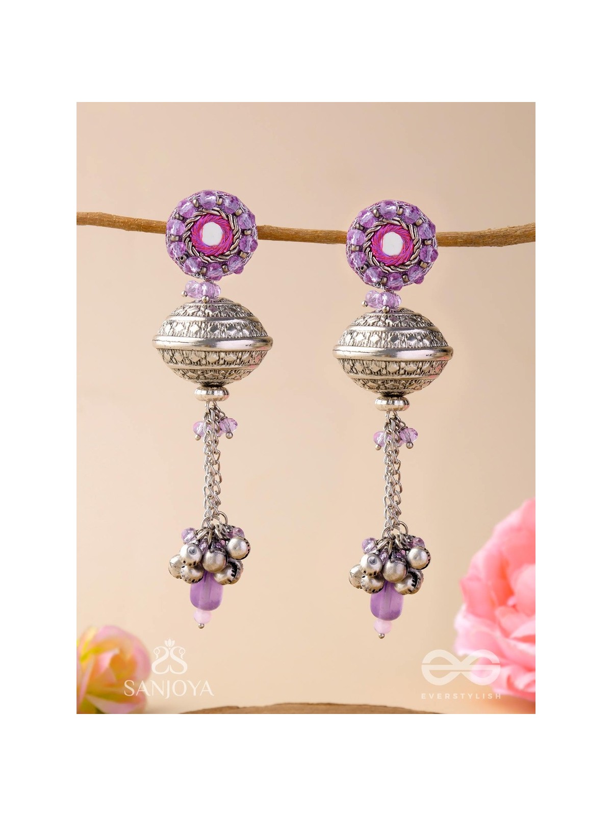 Ritudhwani - Seasonal Melodies - Resham And Beads Hand Embroidered Oxidised Earrings