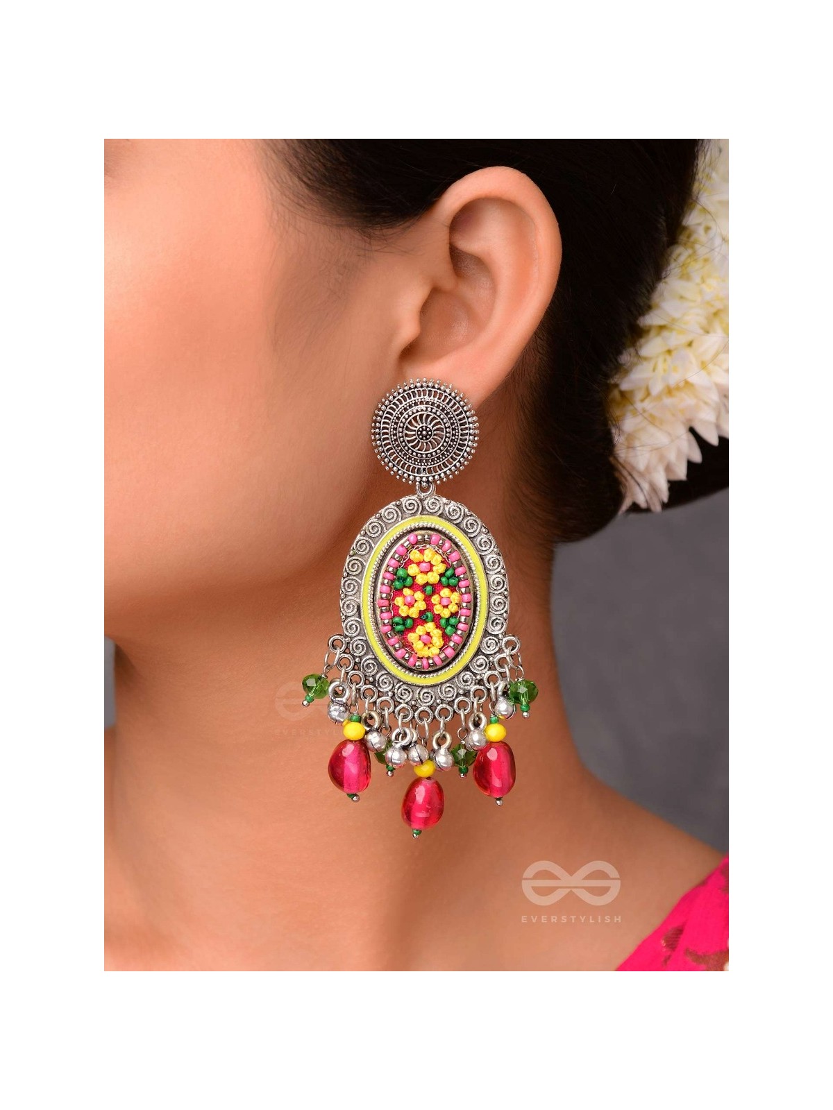 MISHRAKA - GARDEN OF PARADISE - RESHAM AND BEADS EMBROIDERED AND OXIDISED EARRINGS