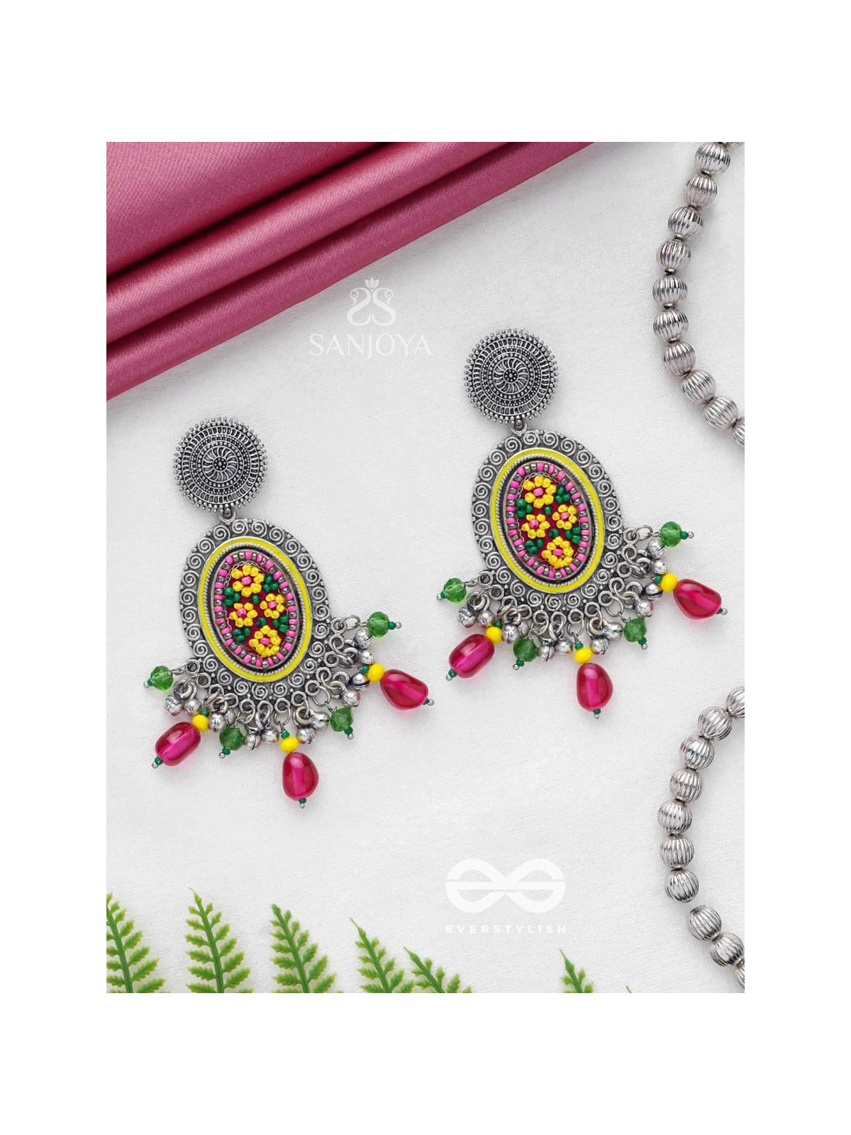 MISHRAKA - GARDEN OF PARADISE - RESHAM AND BEADS EMBROIDERED AND OXIDISED EARRINGS