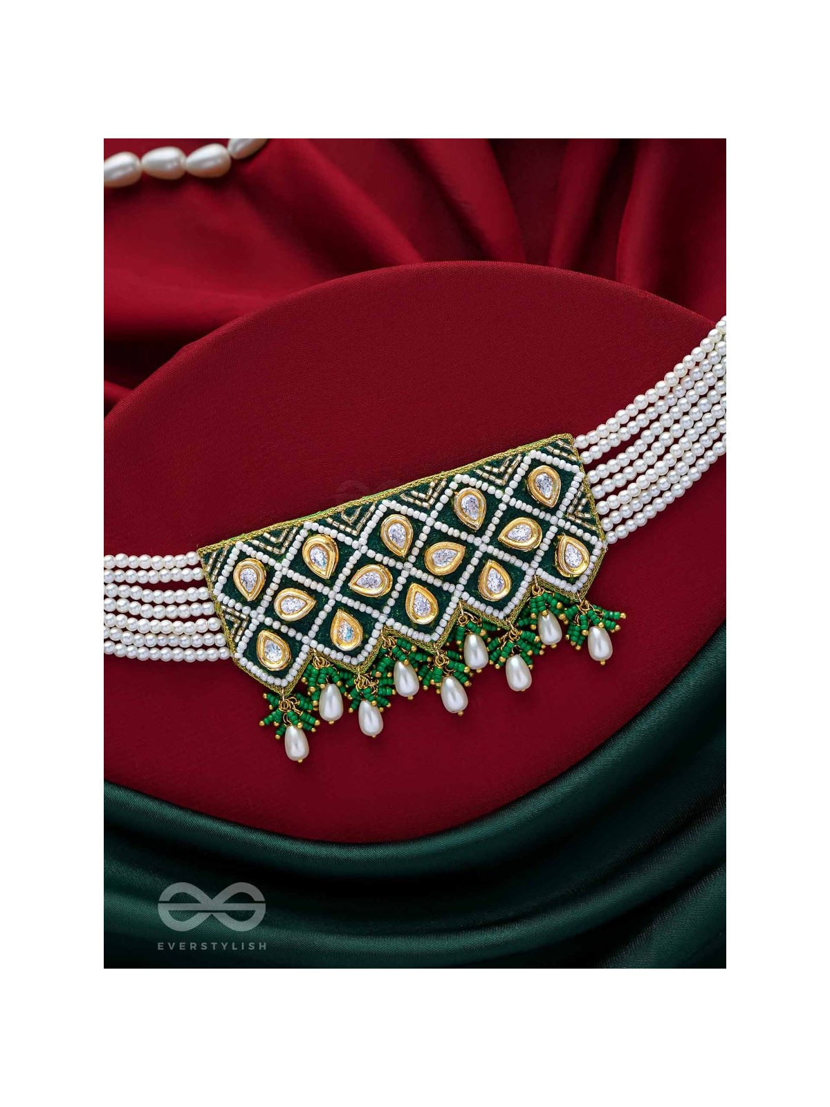 Ardrata- The Emerald Finesse- Beads, Pearl Drops, Polki And Kundan Finished Hand Embroidered Choker Neckpiece
