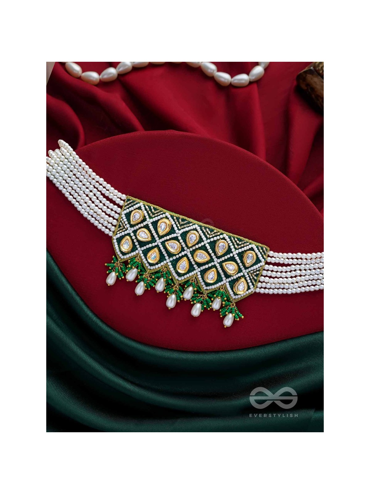 Ardrata- The Emerald Finesse- Beads, Pearl Drops, Polki And Kundan Finished Hand Embroidered Choker Neckpiece