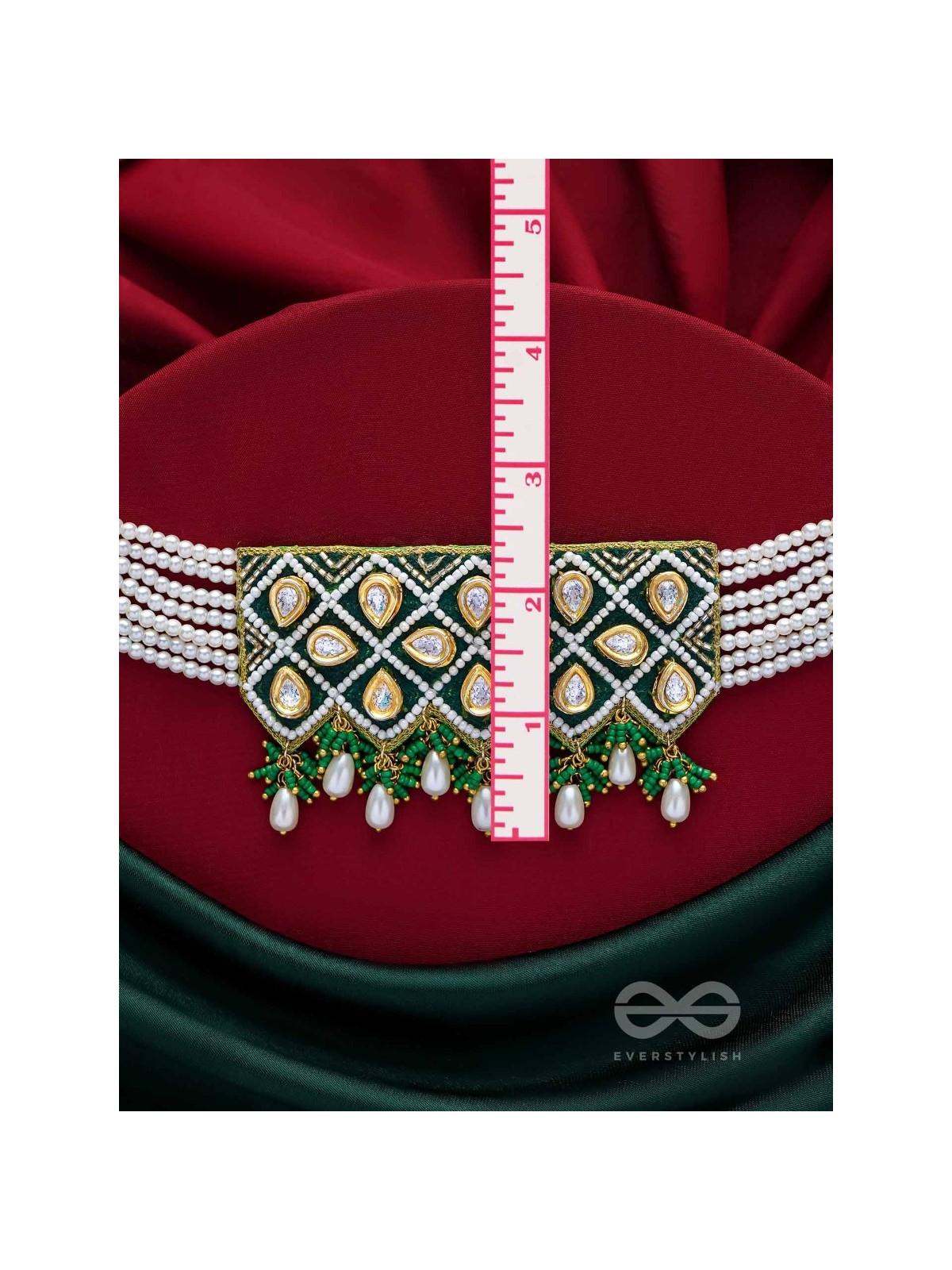 Ardrata- The Emerald Finesse- Beads, Pearl Drops, Polki And Kundan Finished Hand Embroidered Choker Neckpiece