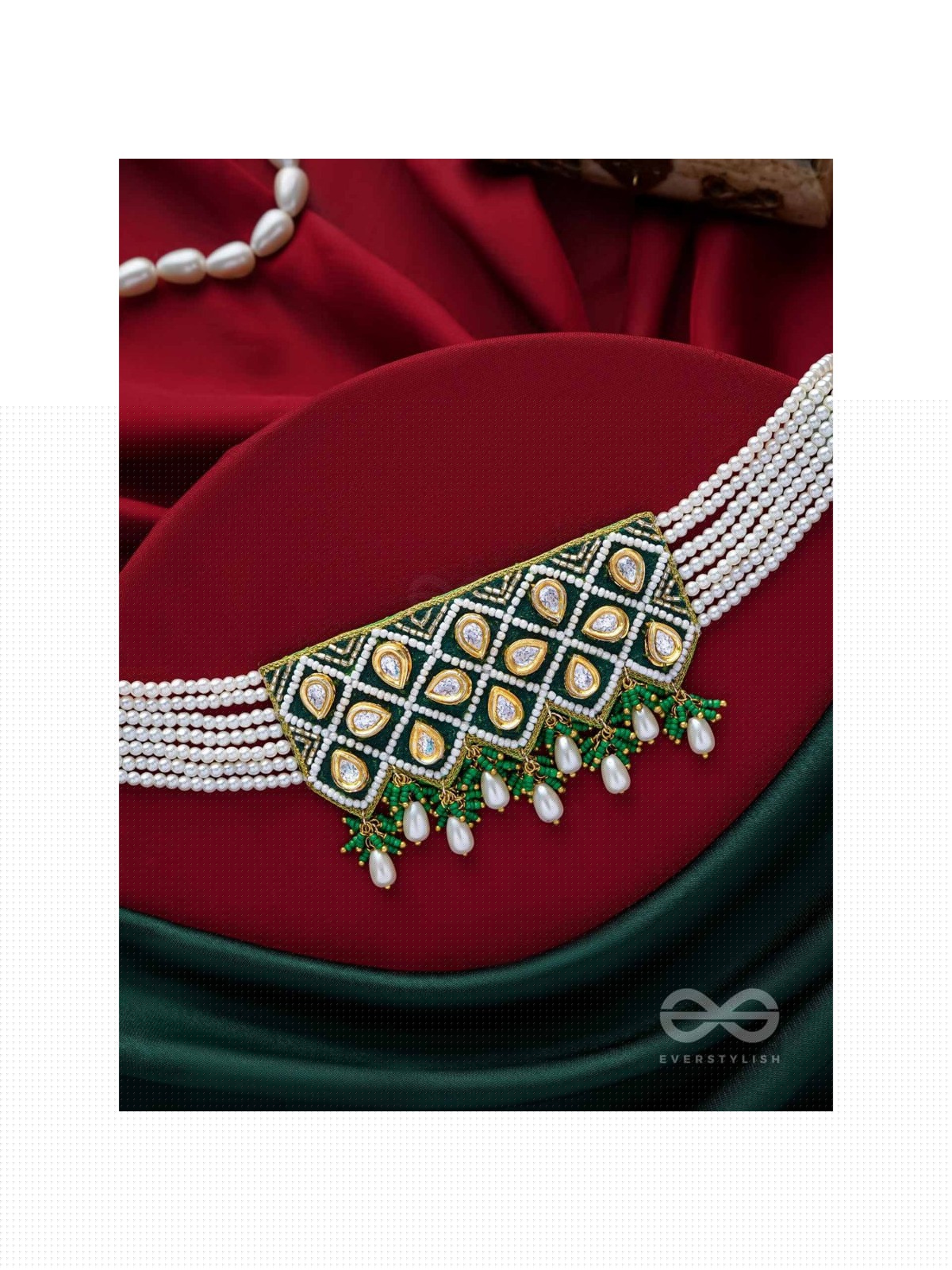 Ardrata- The Emerald Finesse- Beads, Pearl Drops, Polki And Kundan Finished Hand Embroidered Choker Neckpiece