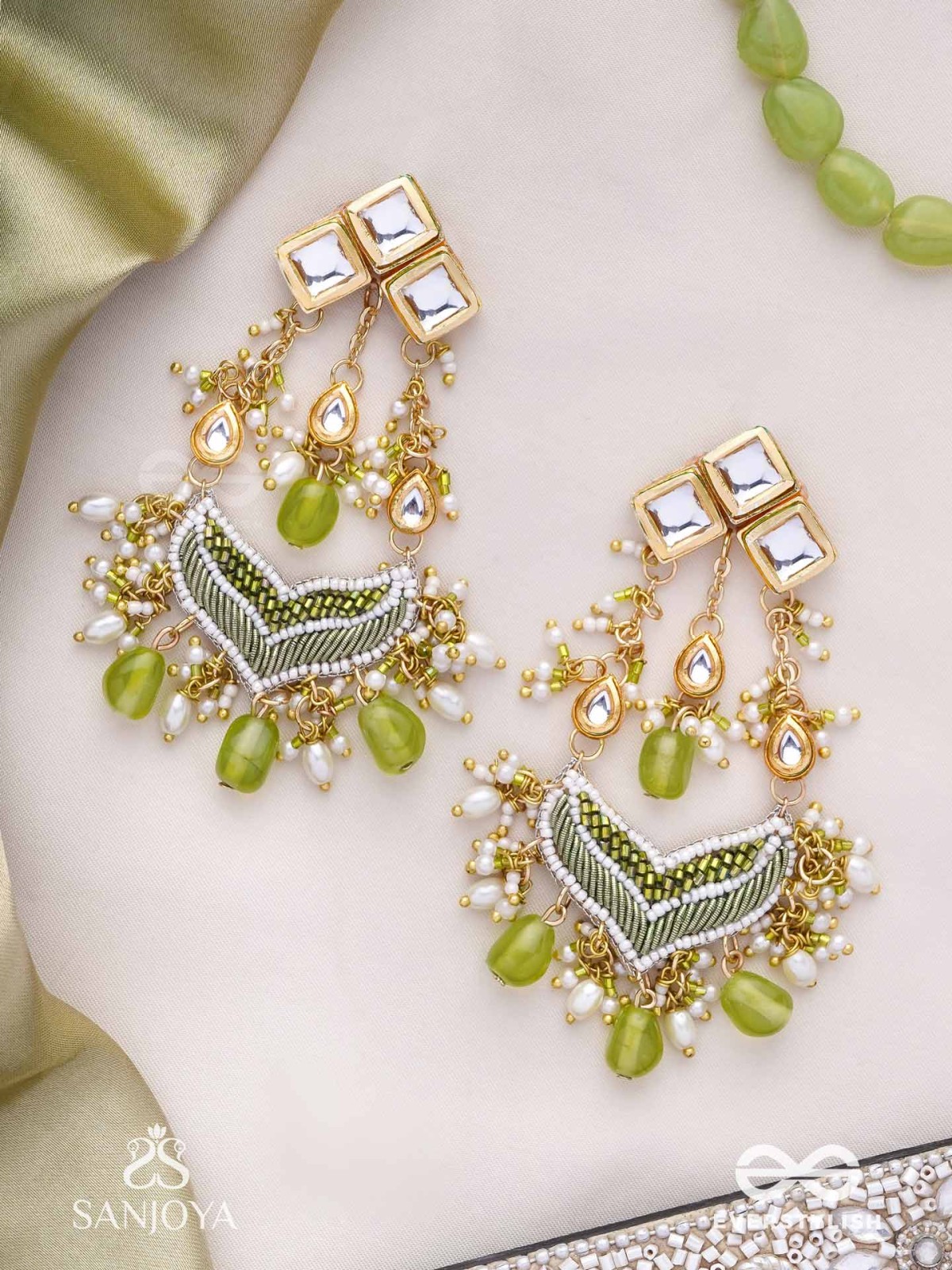 Saratas -  Mystic Mints - Beads, Polki And Kundan Finished Hand Embroidered Earrings