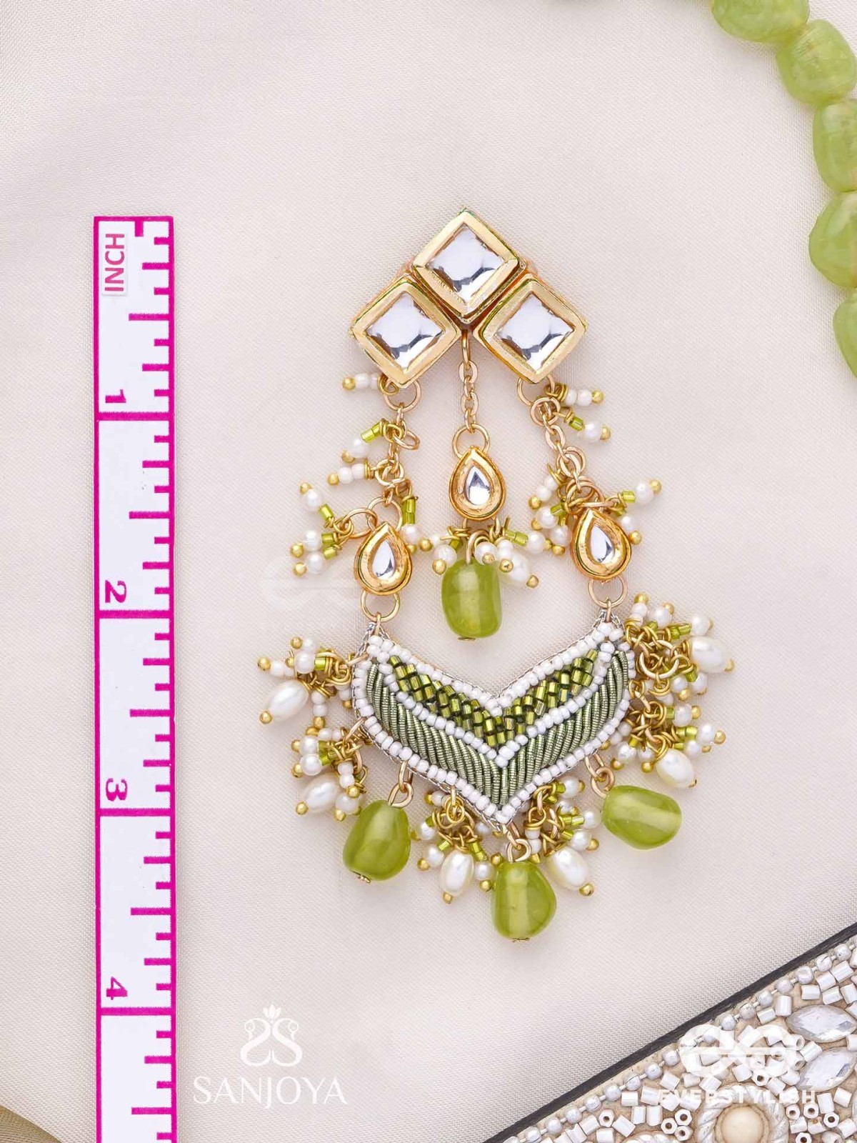 Saratas -  Mystic Mints - Beads, Polki And Kundan Finished Hand Embroidered Earrings