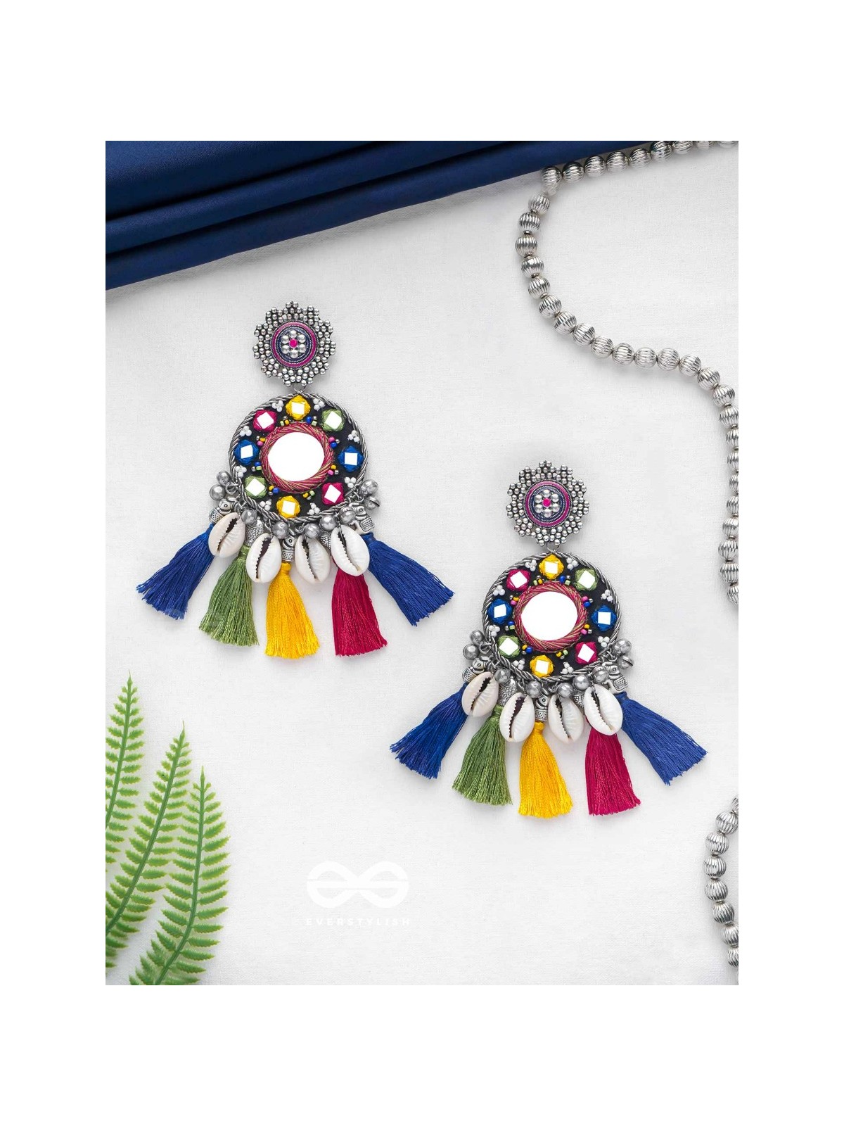 MANOHARAAKARA - THE ENCHANTING SHADES - MIRROR, BEADS AND SHELL EMBROIDERED AND OXIDISED EARRINGS