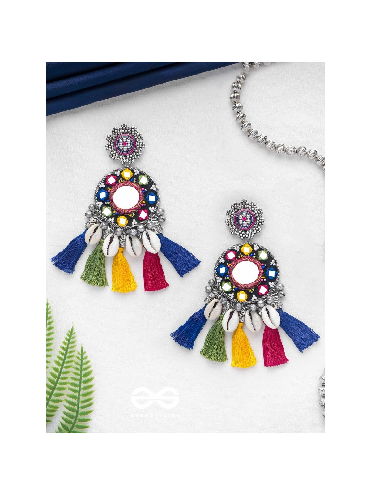 MANOHARAAKARA - THE ENCHANTING SHADES - MIRROR, BEADS AND SHELL EMBROIDERED AND OXIDISED EARRINGS