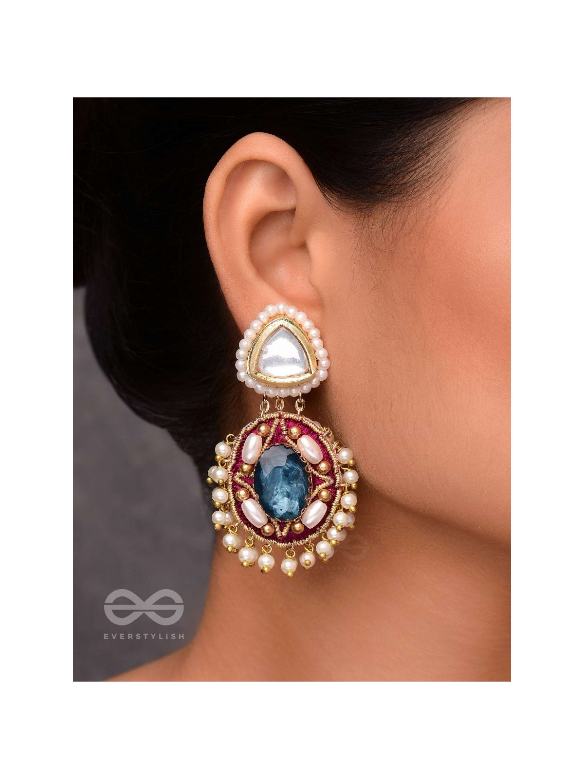 VIRAYA - ETHEREAL LUXE ESSENCE - STONE, BEADS, POLKI AND KUNDAN FINISHED EMBROIDERED EARRINGS