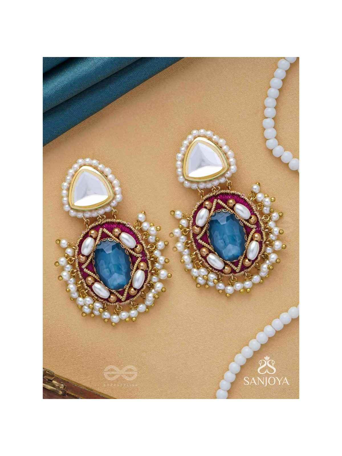 VIRAYA - ETHEREAL LUXE ESSENCE - STONE, BEADS, POLKI AND KUNDAN FINISHED EMBROIDERED EARRINGS