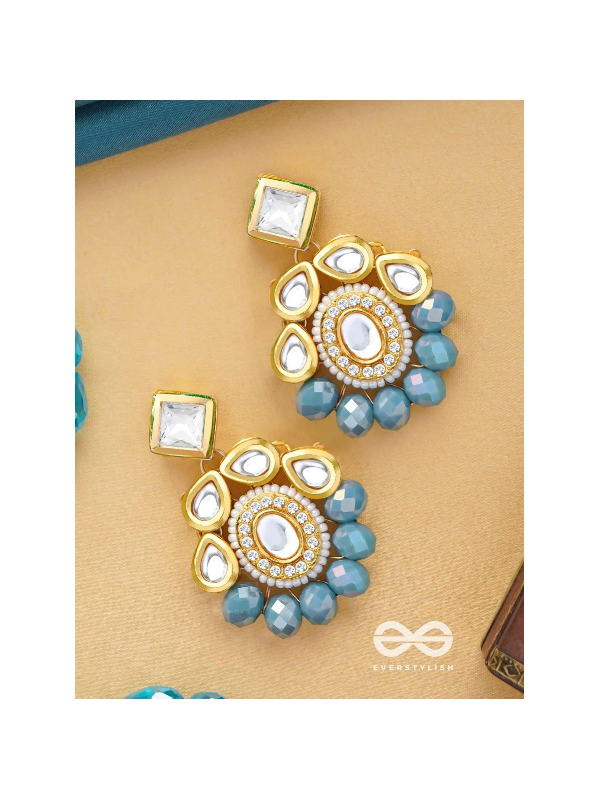 Mandanila - Breeze Of Azure - Golden Embellished Polki And Kundan Earrings 