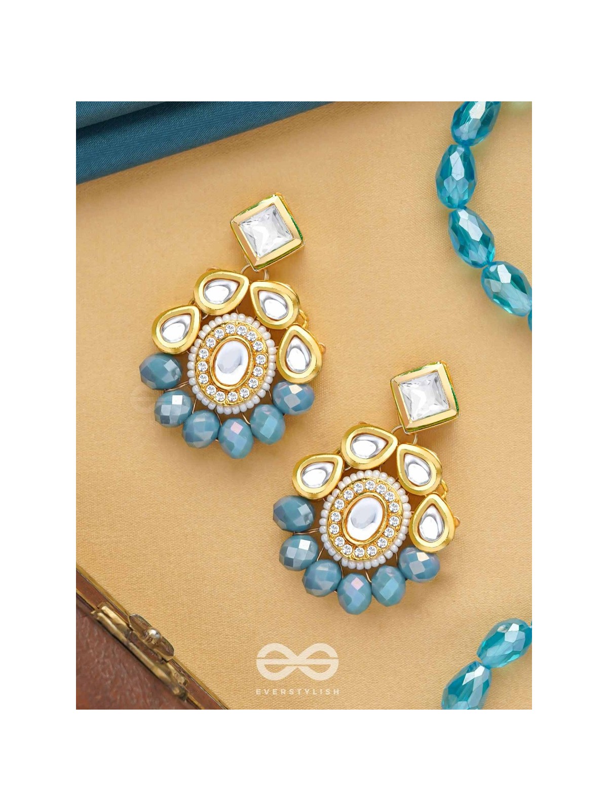 Mandanila - Breeze Of Azure - Golden Embellished Polki And Kundan Earrings 