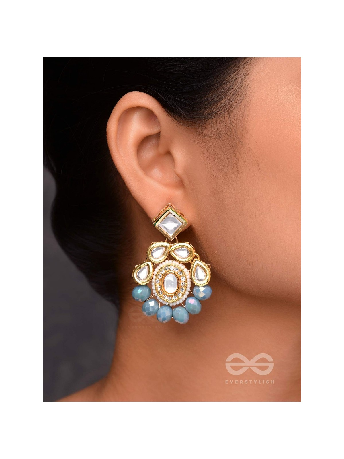 Mandanila - Breeze Of Azure - Golden Embellished Polki And Kundan Earrings 