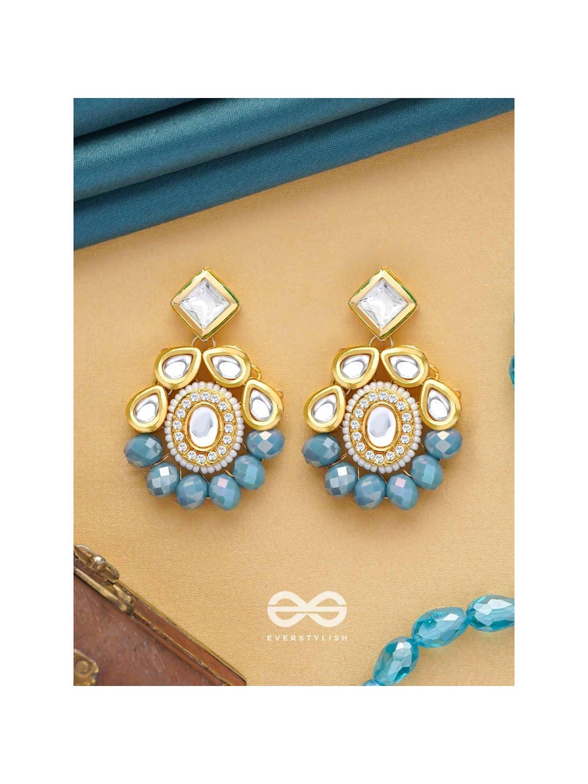 Mandanila - Breeze Of Azure - Golden Embellished Polki And Kundan Earrings 
