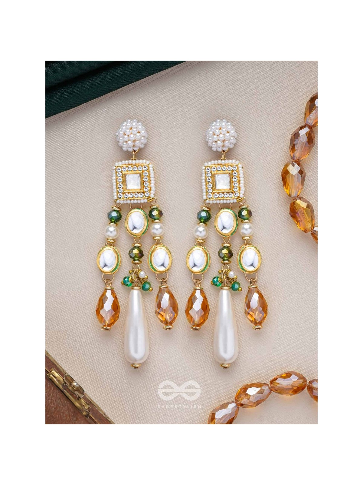 Karidant - The Ivory Elegance - Beads, Polki And Kundan Finished Hand Embroidered Earrings
