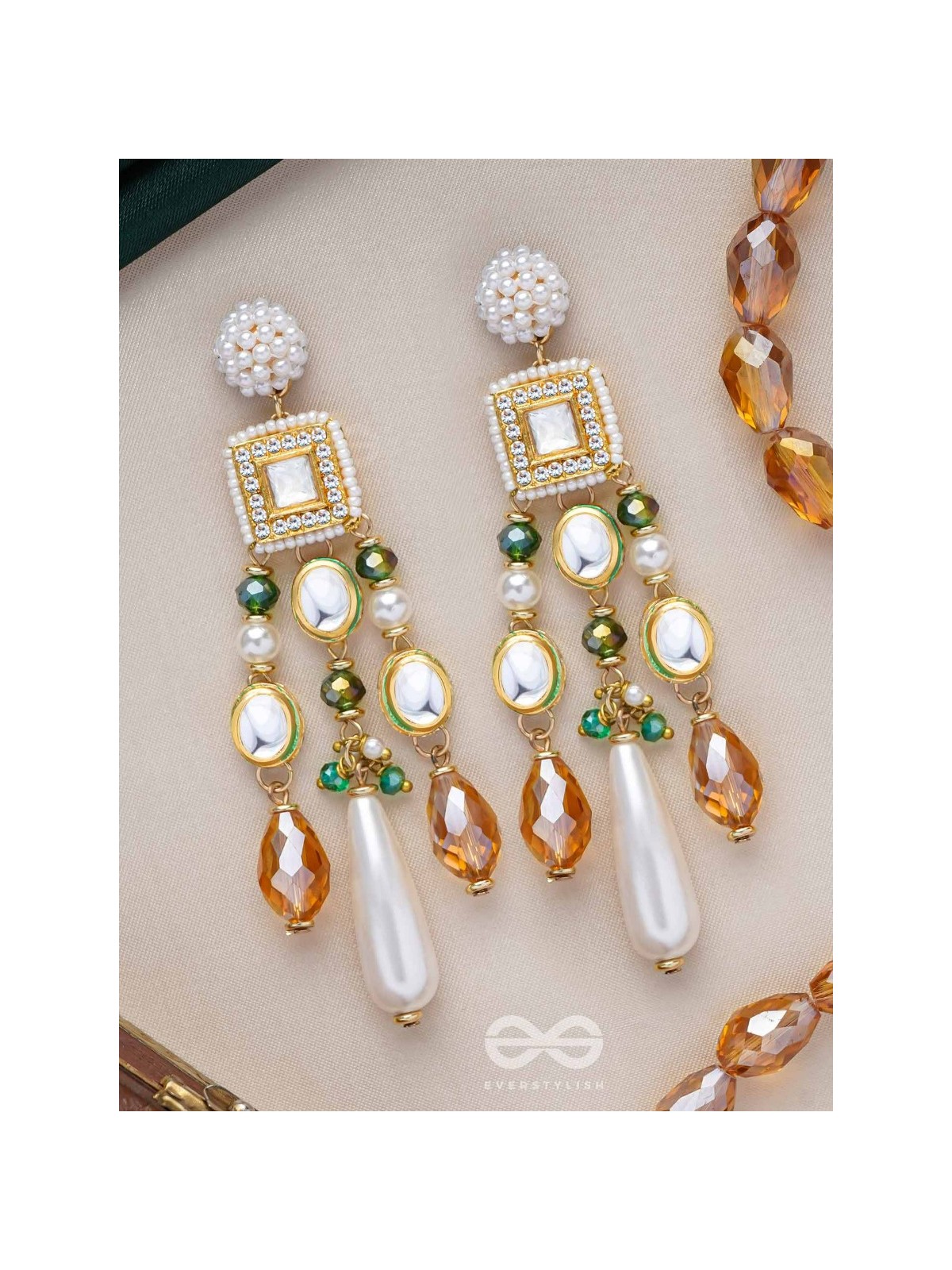 Karidant - The Ivory Elegance - Beads, Polki And Kundan Finished Hand Embroidered Earrings