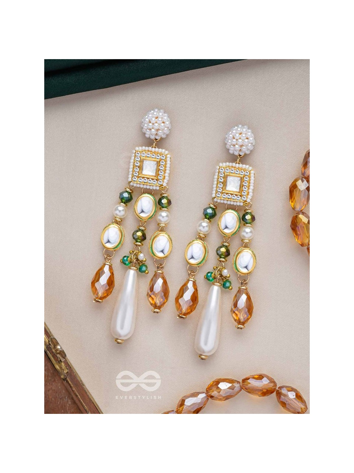 Karidant - The Ivory Elegance - Beads, Polki And Kundan Finished Hand Embroidered Earrings