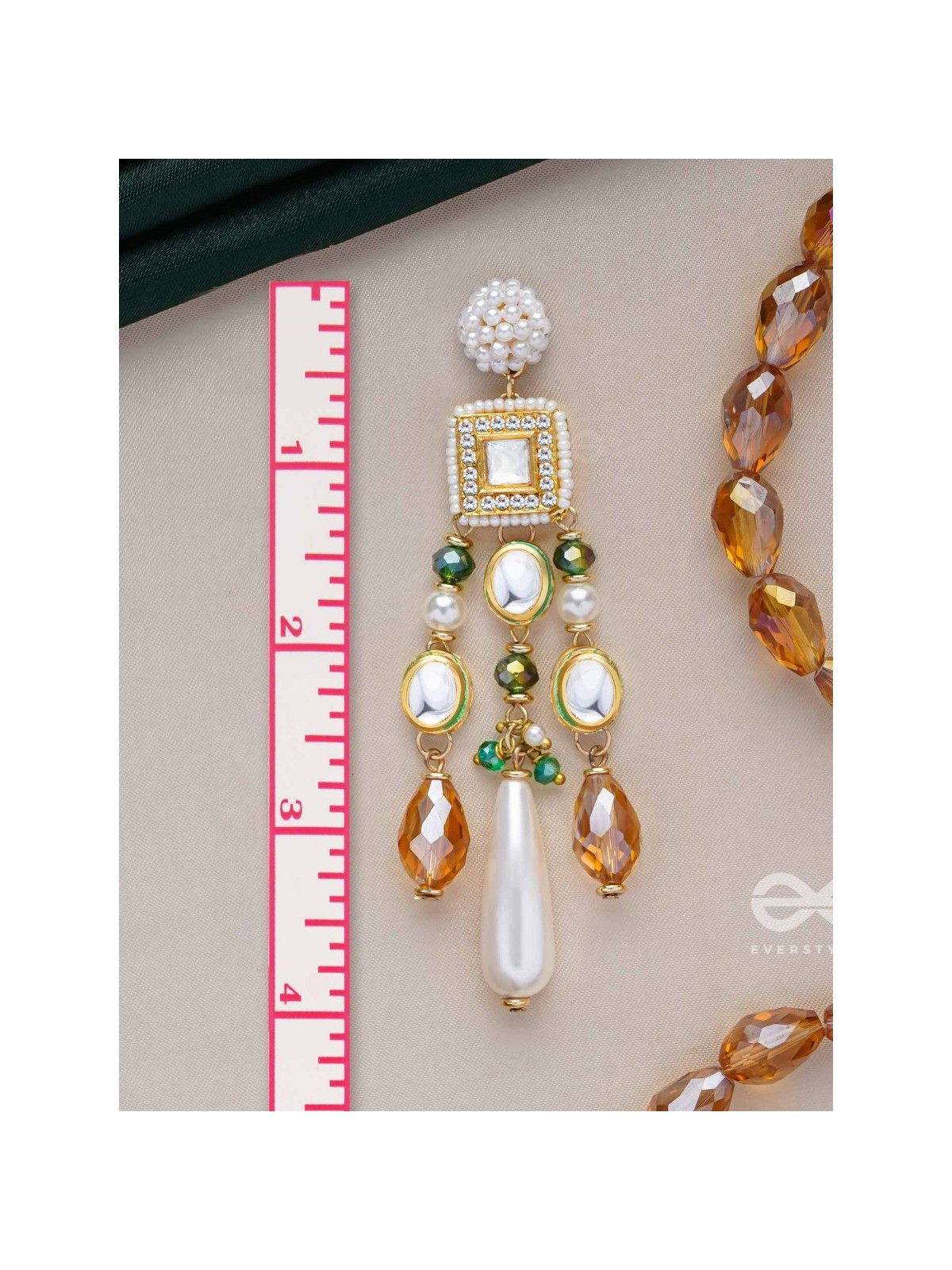 Karidant - The Ivory Elegance - Beads, Polki And Kundan Finished Hand Embroidered Earrings