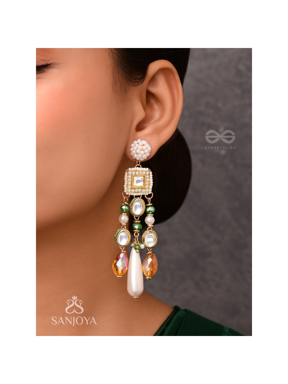 Karidant - The Ivory Elegance - Beads, Polki And Kundan Finished Hand Embroidered Earrings