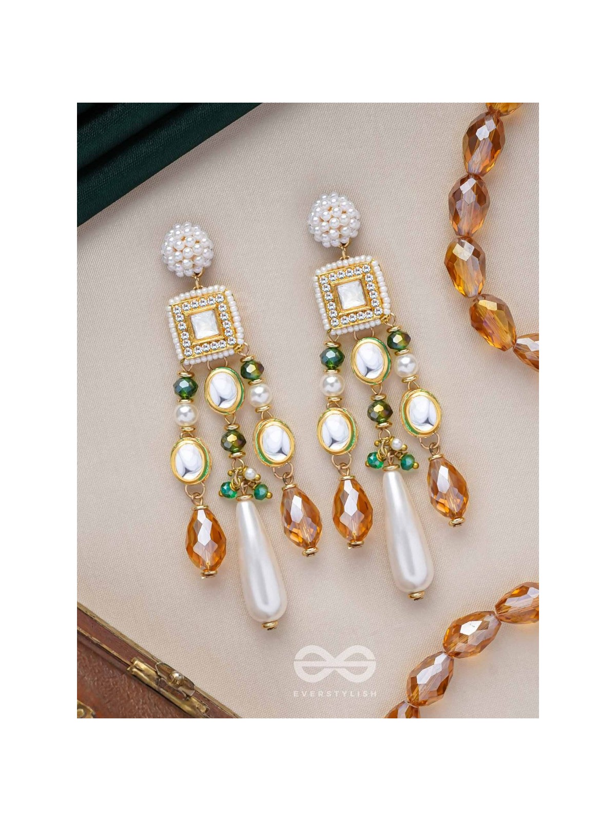 Karidant - The Ivory Elegance - Beads, Polki And Kundan Finished Hand Embroidered Earrings