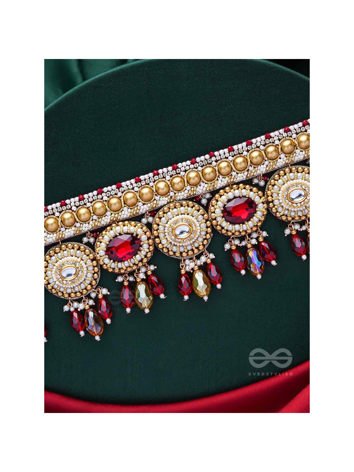 Ratula - The Crimson Majesty - Stones, Beads And Glass Drops Embroidered Necklace