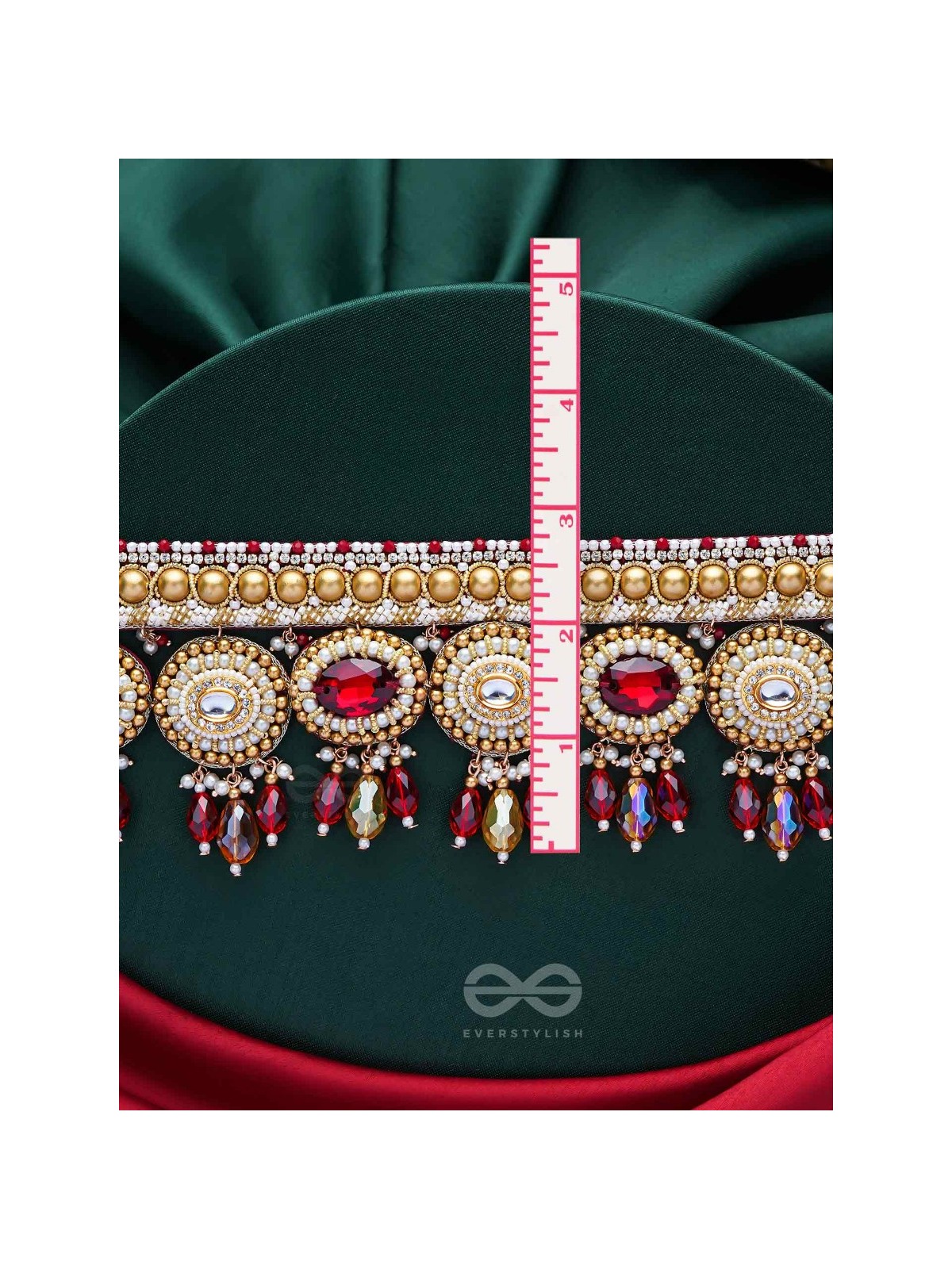 Ratula - The Crimson Majesty - Stones, Beads And Glass Drops Embroidered Necklace